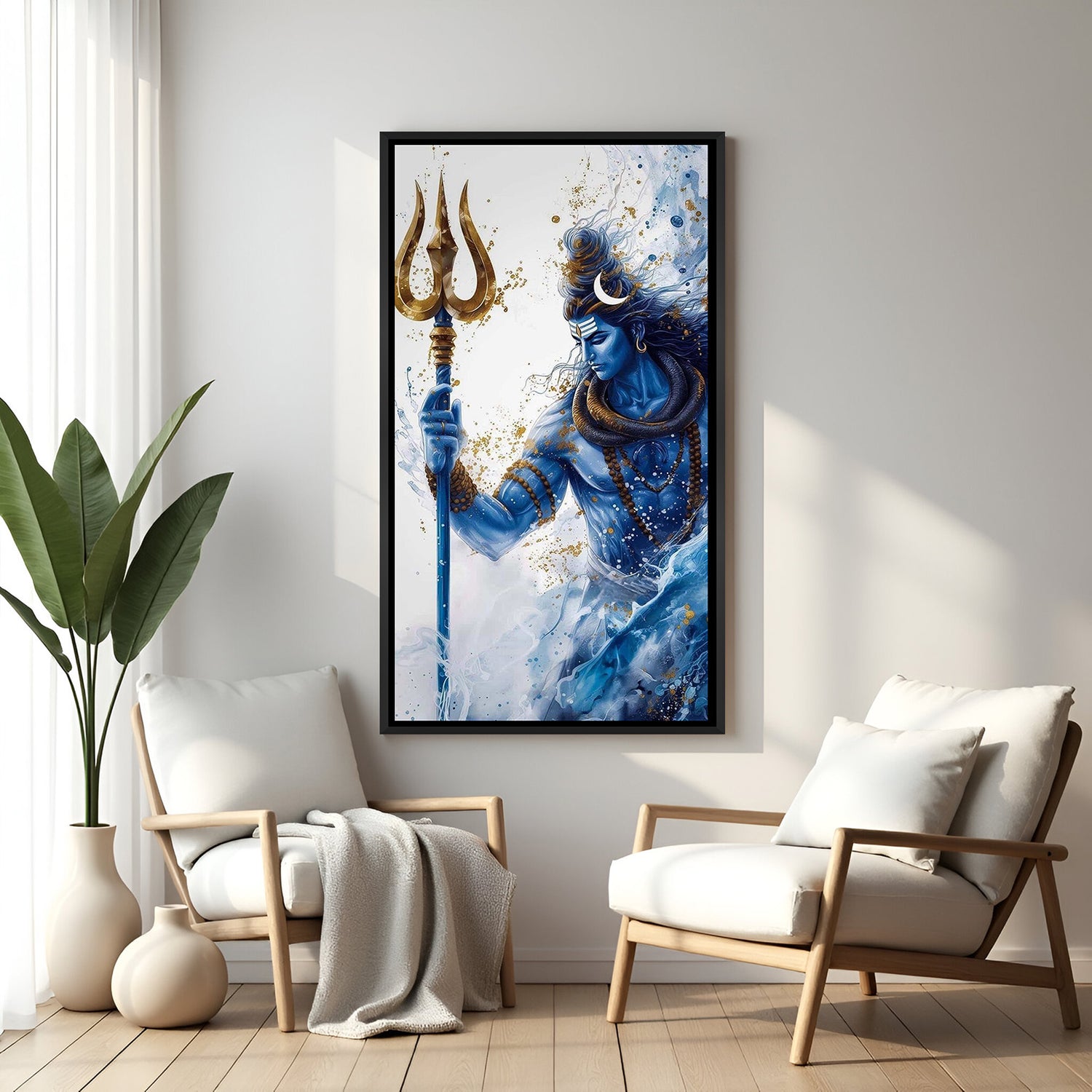 shiv ji trishul canvas in black floater frame radiating calm devotion serenity and spiritual protection for living room or prayer room