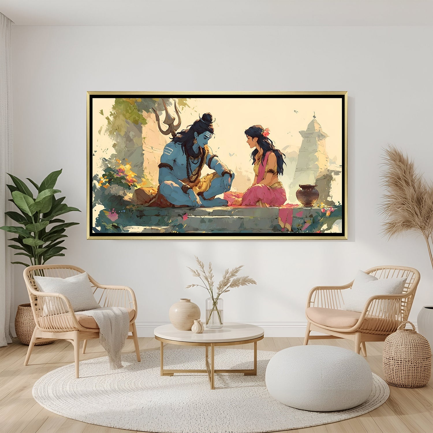 Shiv Parvati canvas wall art in golden floater frame religious decor India