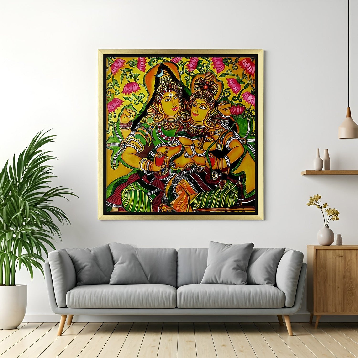 Golden floater frame Kerala mural Shiv Parvati canvas wall painting for Vastu-aligned and spiritual home decor