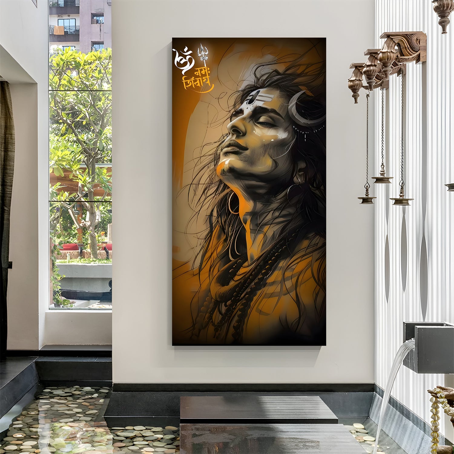 Abstract Lord Shiva canvas wrap wall art in saffron and charcoal tones, modern spiritual painting for living room décor.
