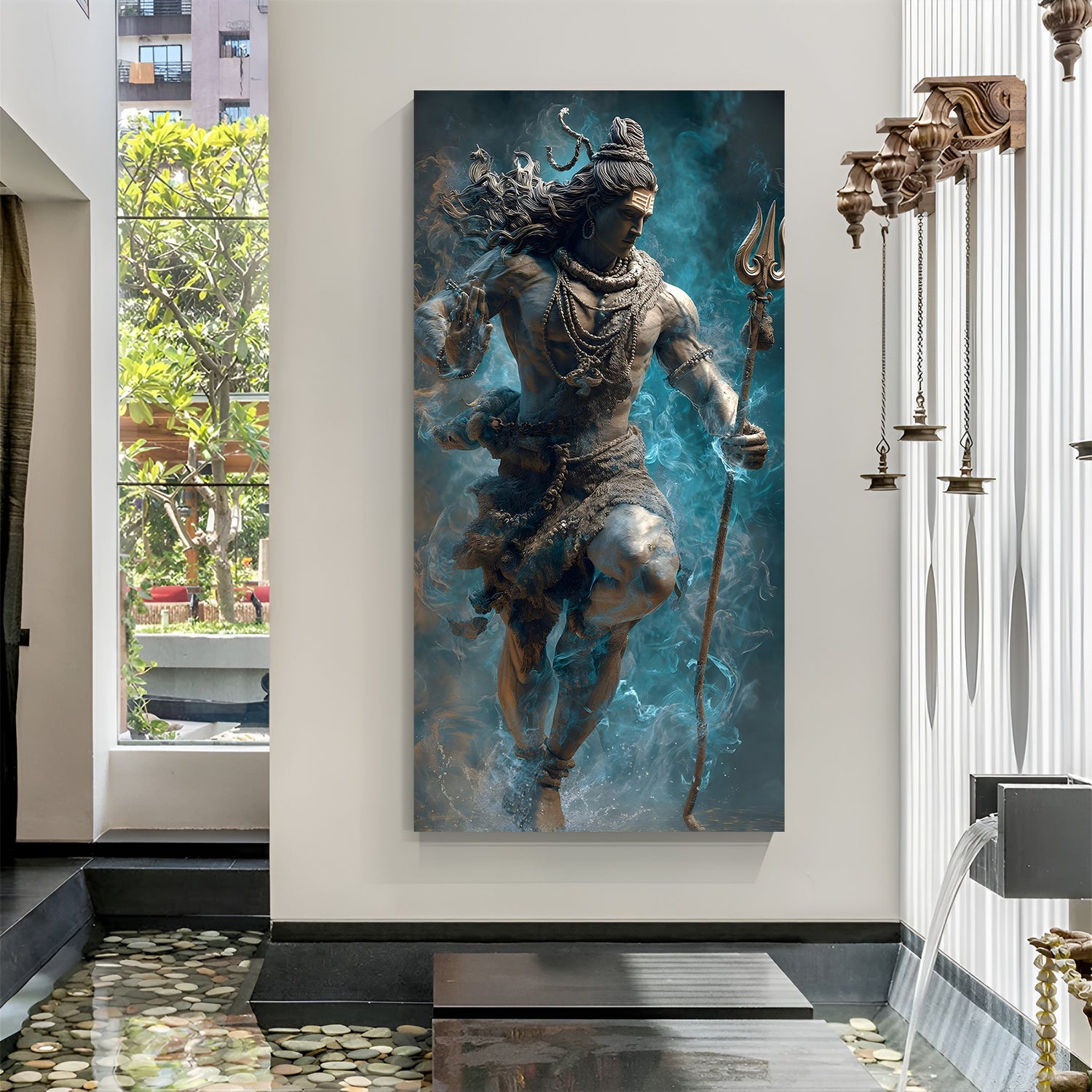 Vertical Shiva cosmic dance wall art on premium canvas wrap with teal smoke effect