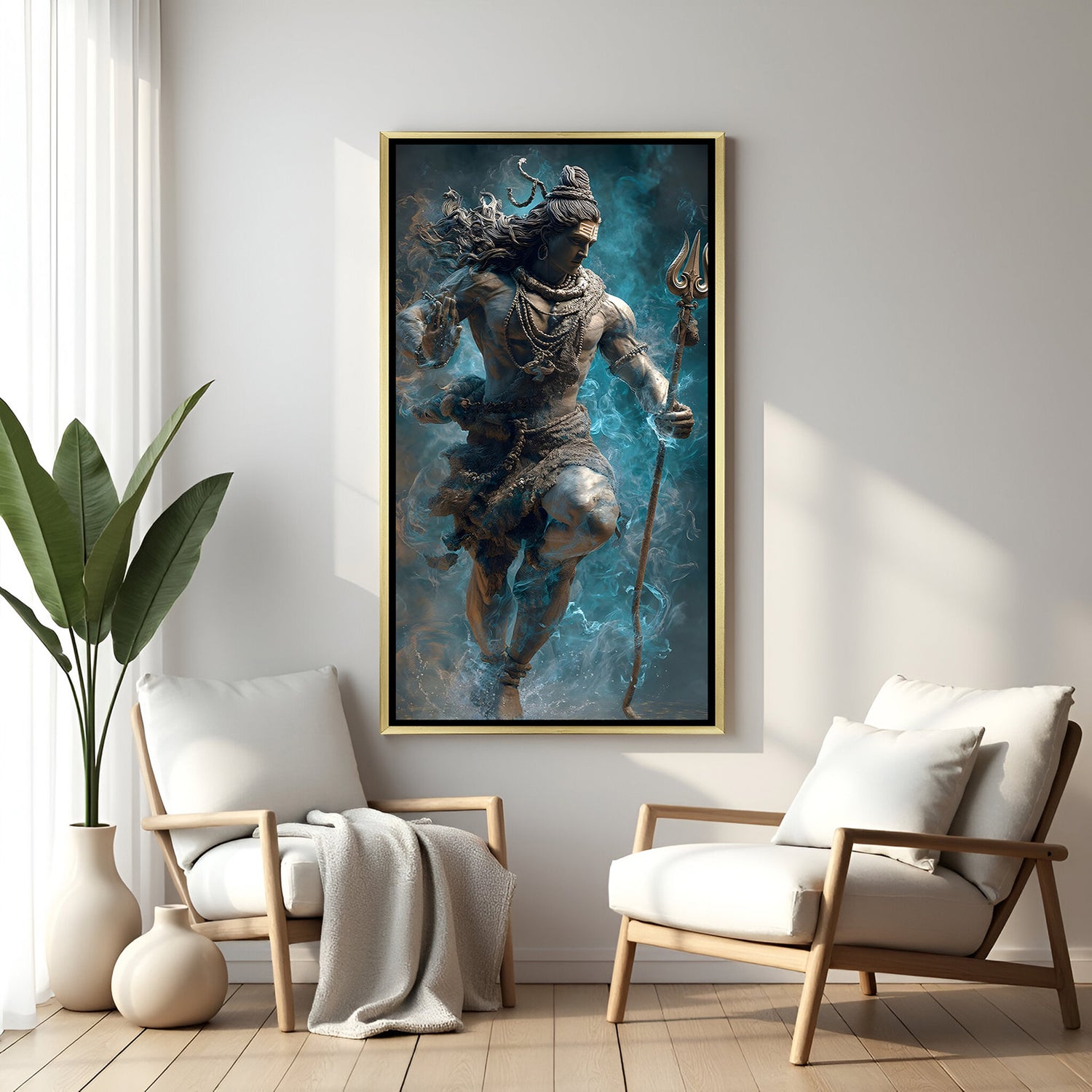 Vertical Shiva canvas art with golden floater frame and sculptural textured finish