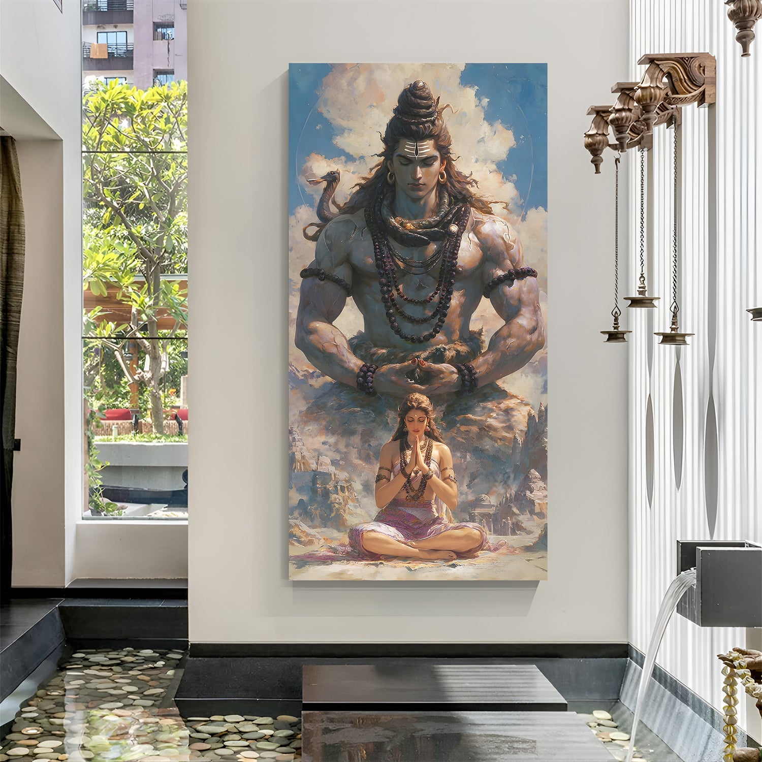 Vertical Shiva meditation canvas with devotee below