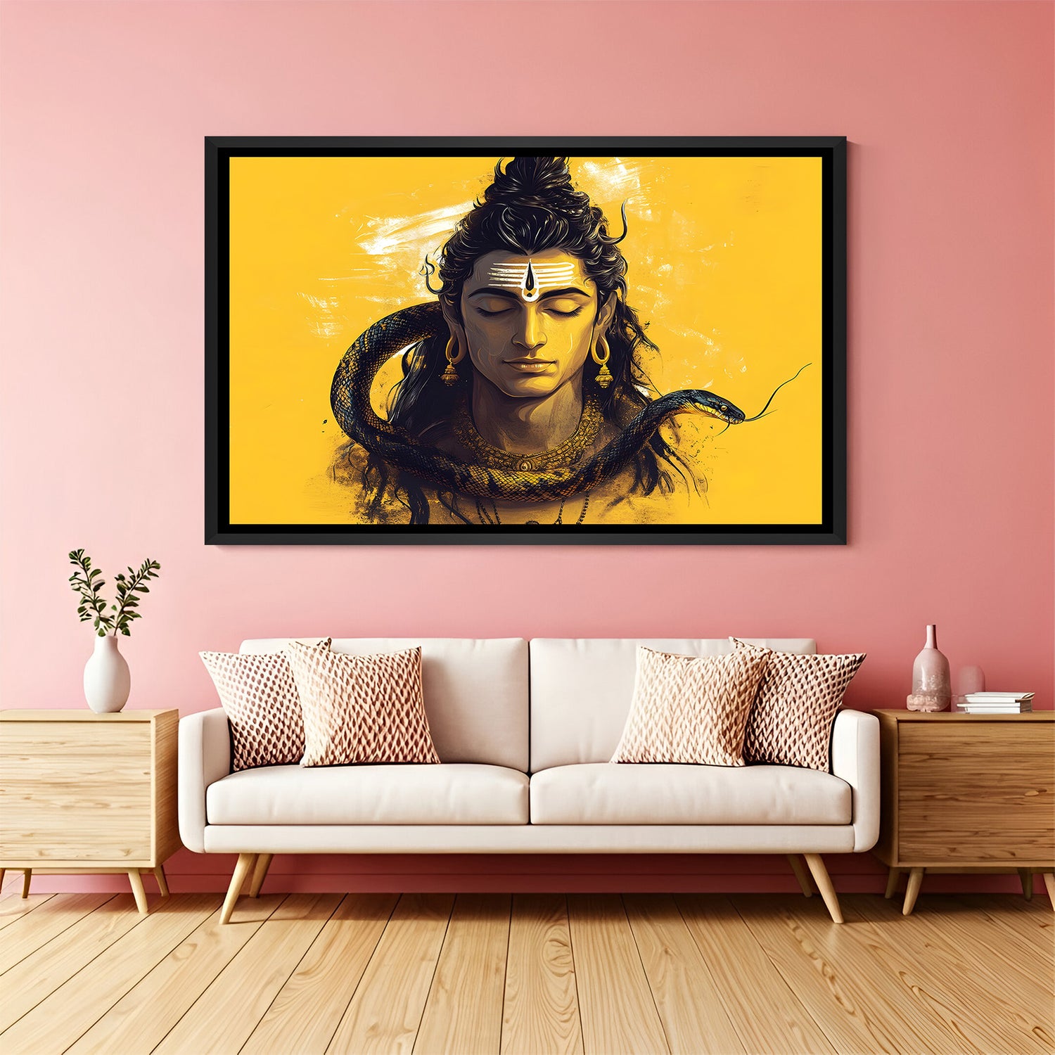 Shiva snake painting in black floater frame modern spiritual canvas wall art India