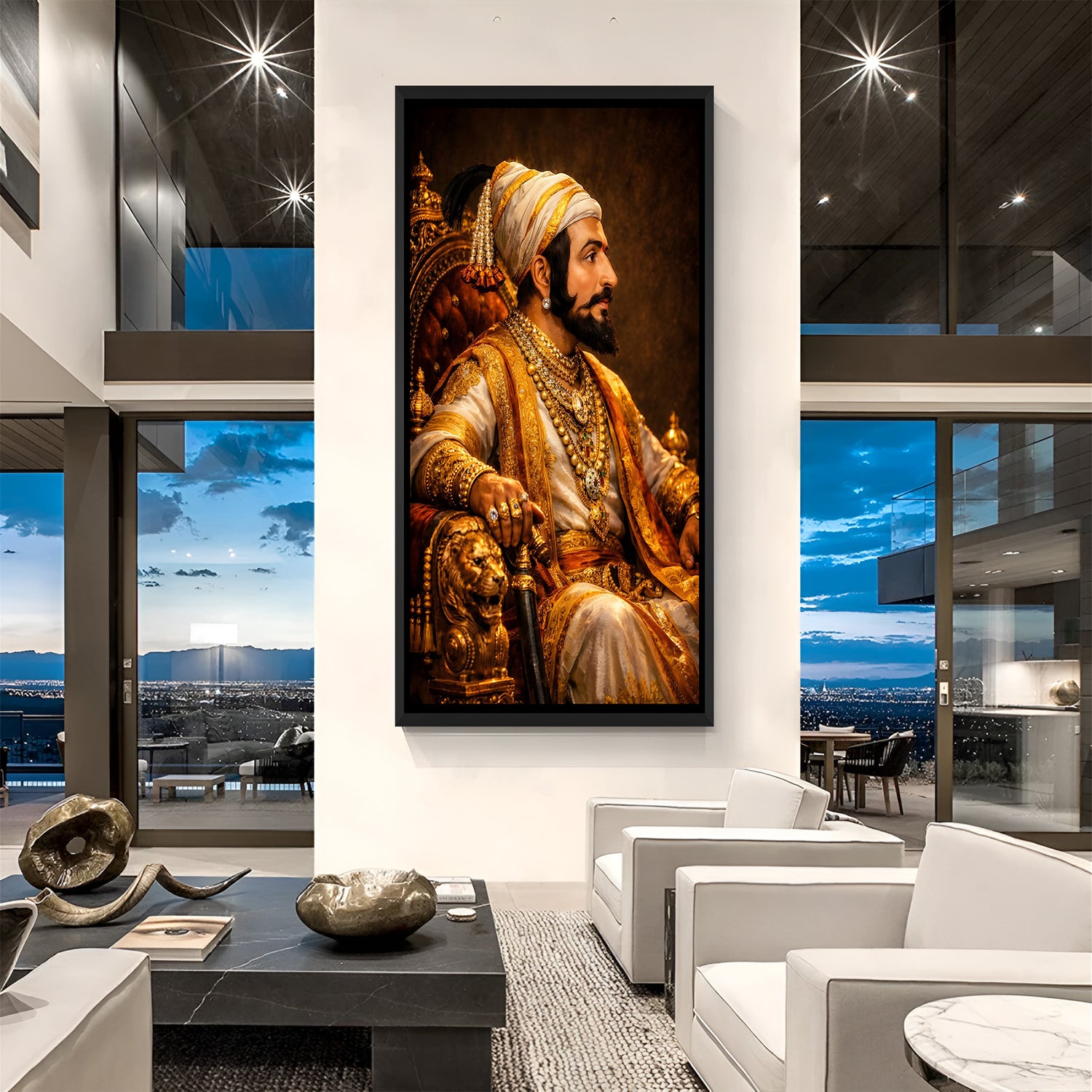 Chhatrapati Shivaji Maharaj seated side pose wall art in elegant black floater frame with royal throne setting