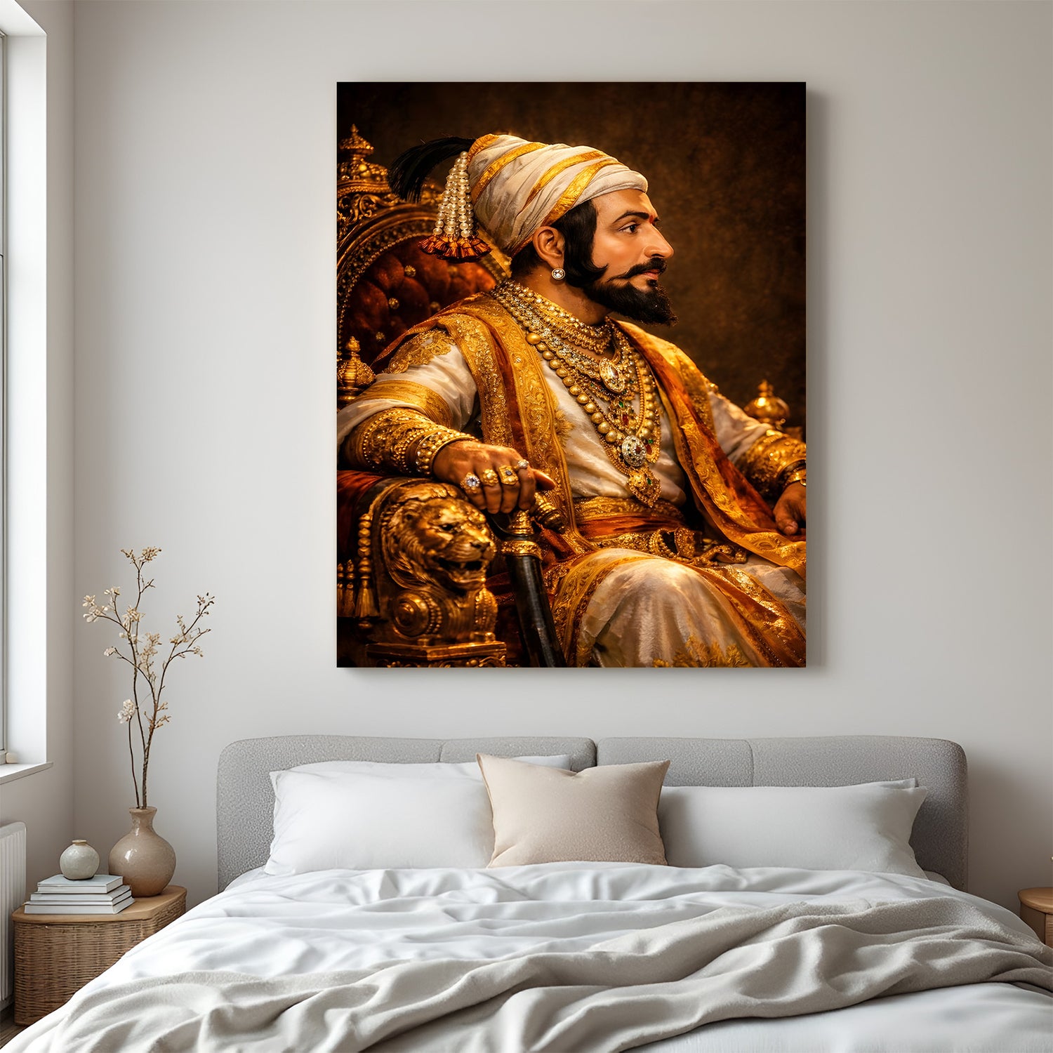 Chhatrapati Shivaji Maharaj sitting in a royal side pose on a throne canvas wall art in premium canvas wrapped frame