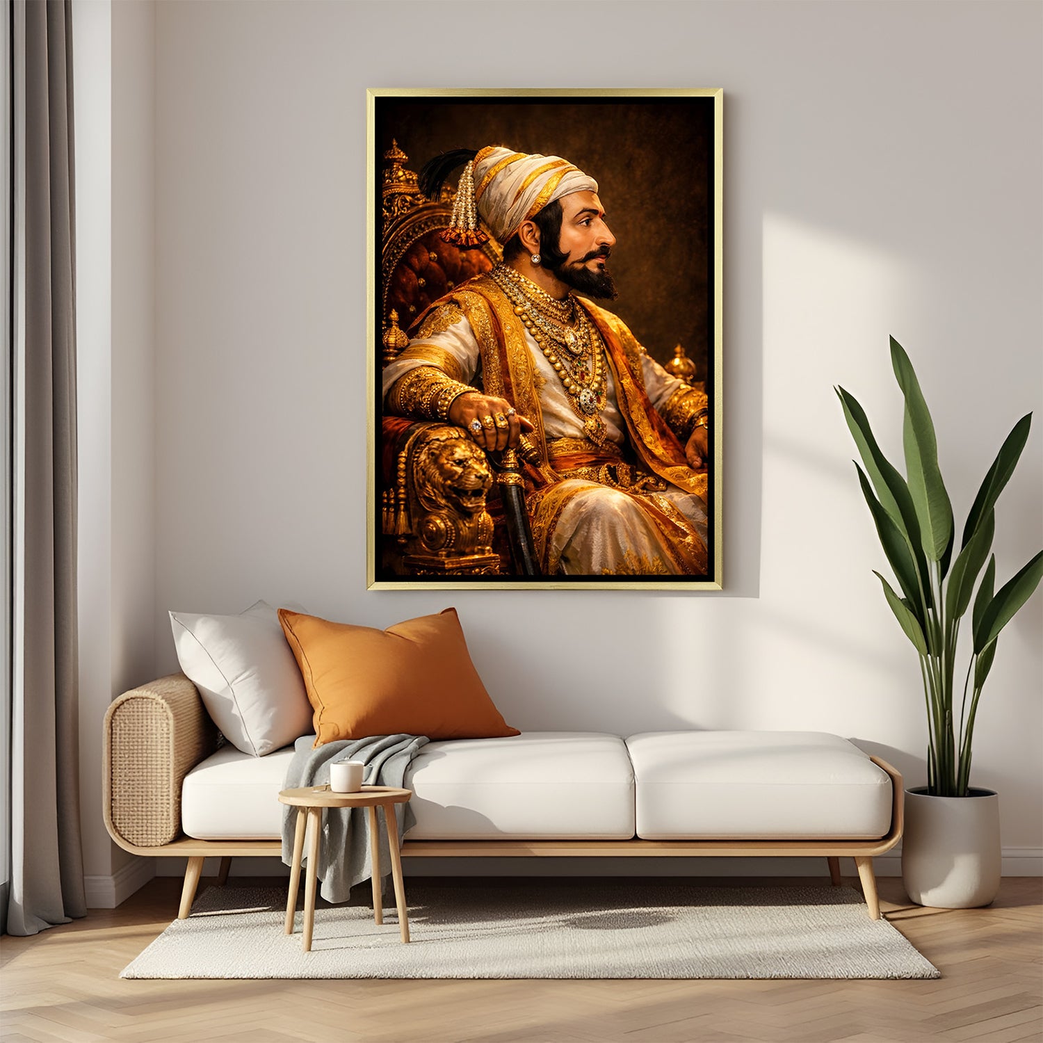 Chhatrapati Shivaji Maharaj throne artwork in luxury golden floater frame featuring a regal side profile pose