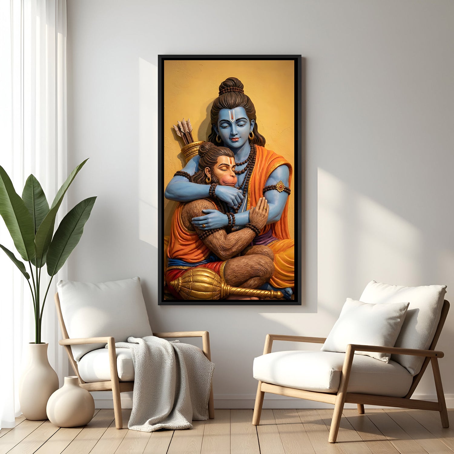 Framed Shri Ram Hanuman wall art in black frame displayed in modern Indian living room.