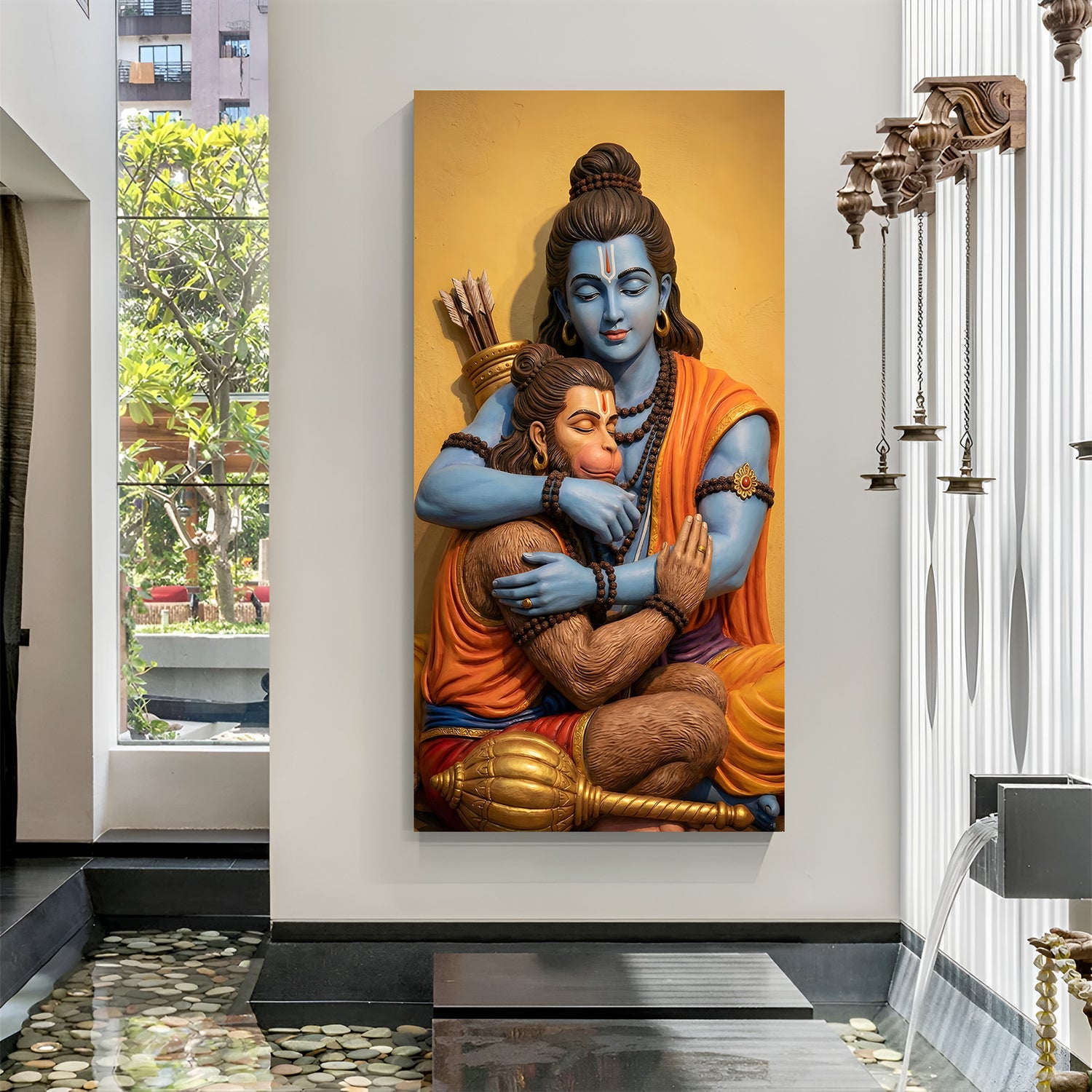 Shri Ram and Hanuman ji devotional canvas wall art showing divine embrace for pooja room décor.