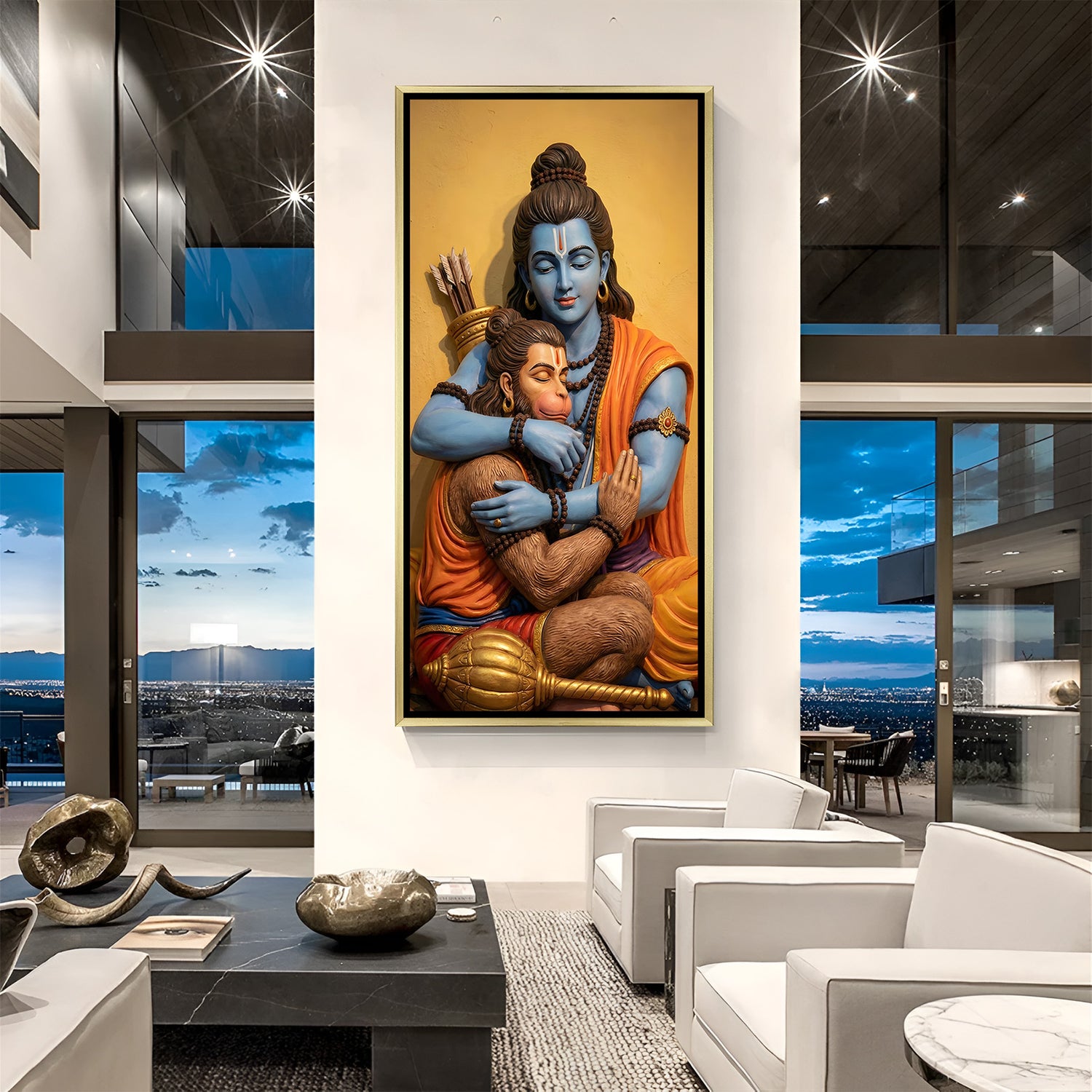 Elegant gold framed Shri Ram and Hanuman ji devotional painting for mandir and pooja room wall.