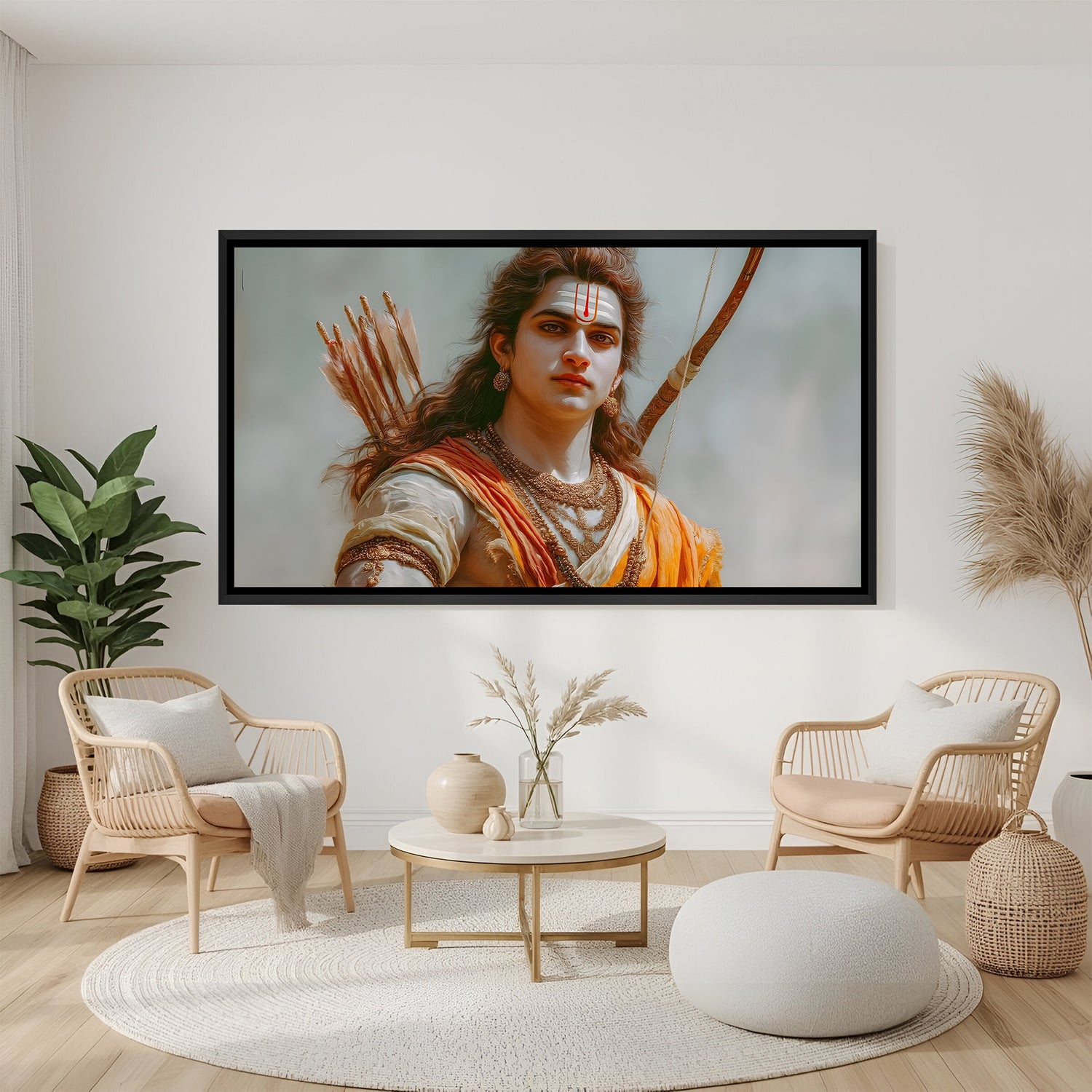 Shri Ram Sita divine panorama wall art in modern black frame displayed above living room sofa.