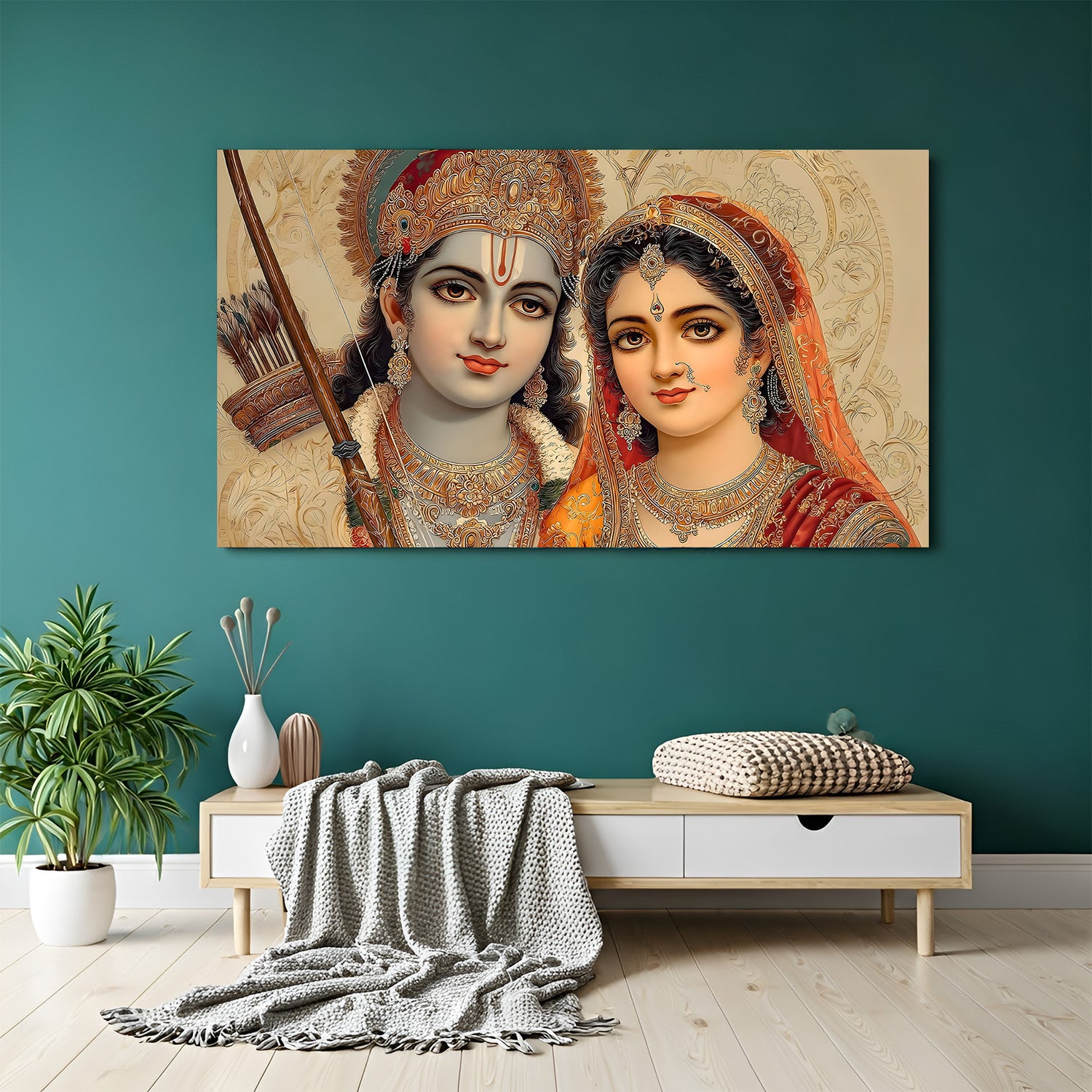 Panoramic Shri Ram and Sita wall art featuring detailed crowns, jewelry, and sacred bow.
