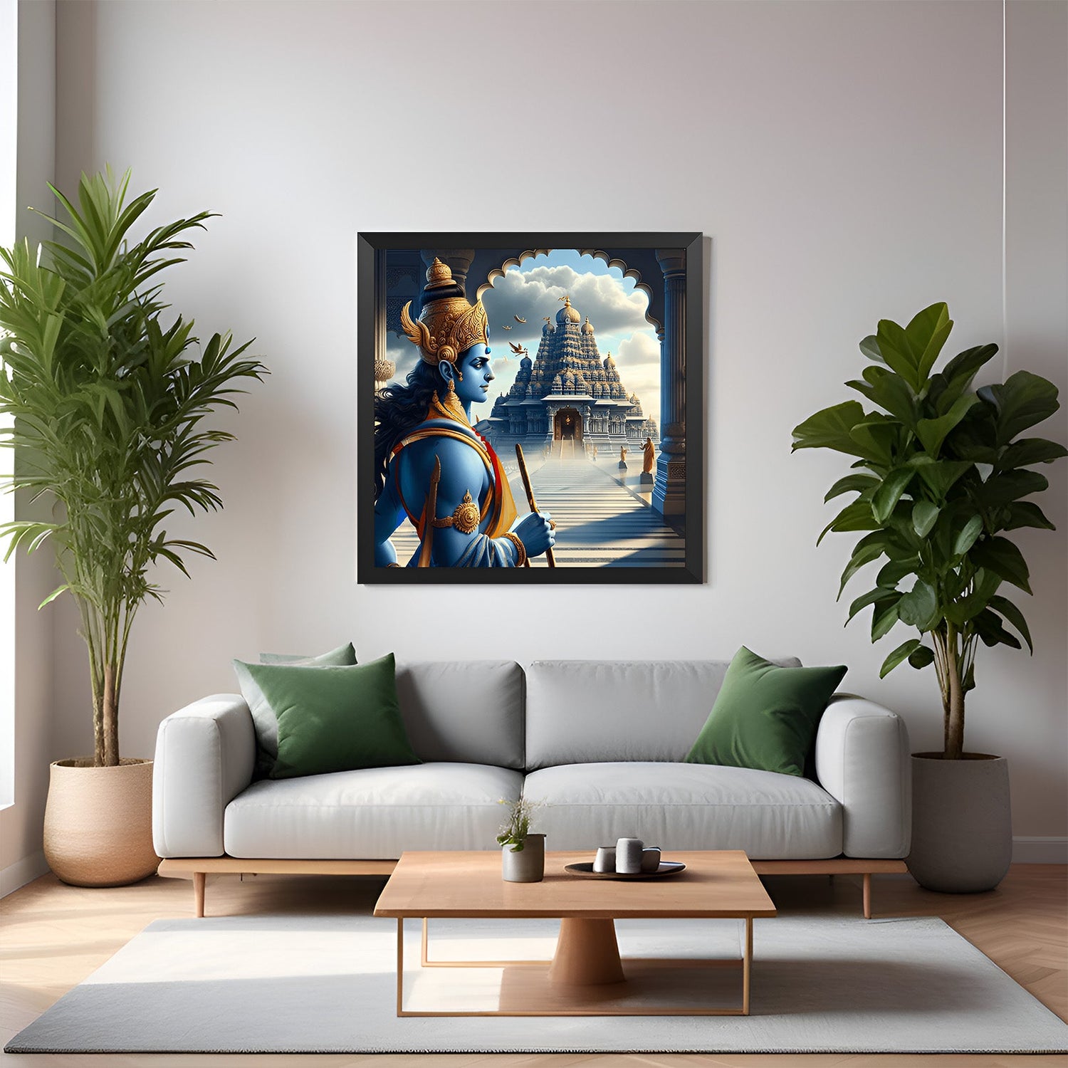 Shri Ram canvas in black floater frame with Ram Mandir backdrop for home decor, radiating spiritual protection and divine positivity as per Vastu