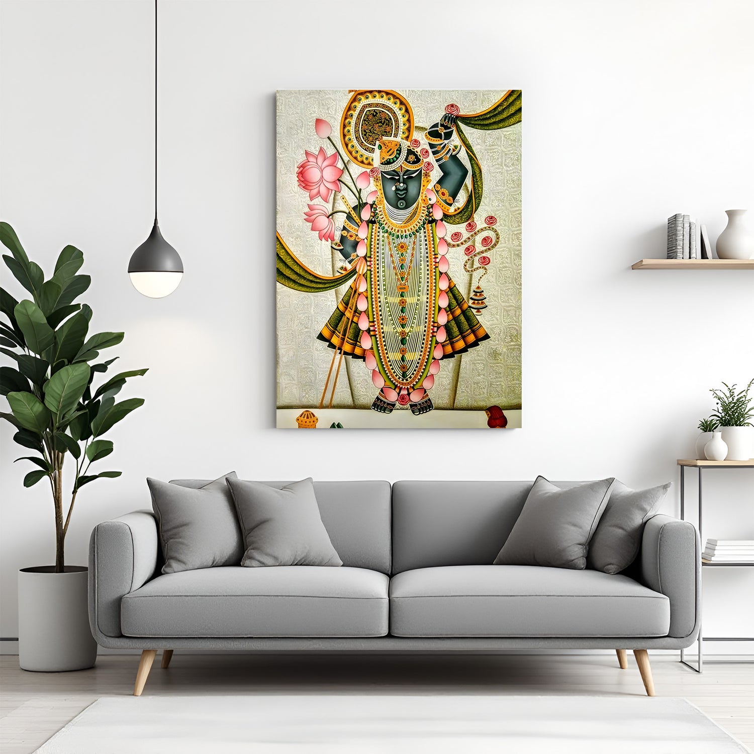 Shrinath Ji green Pichwai canvas wrapped wall art spiritual painting for home decor