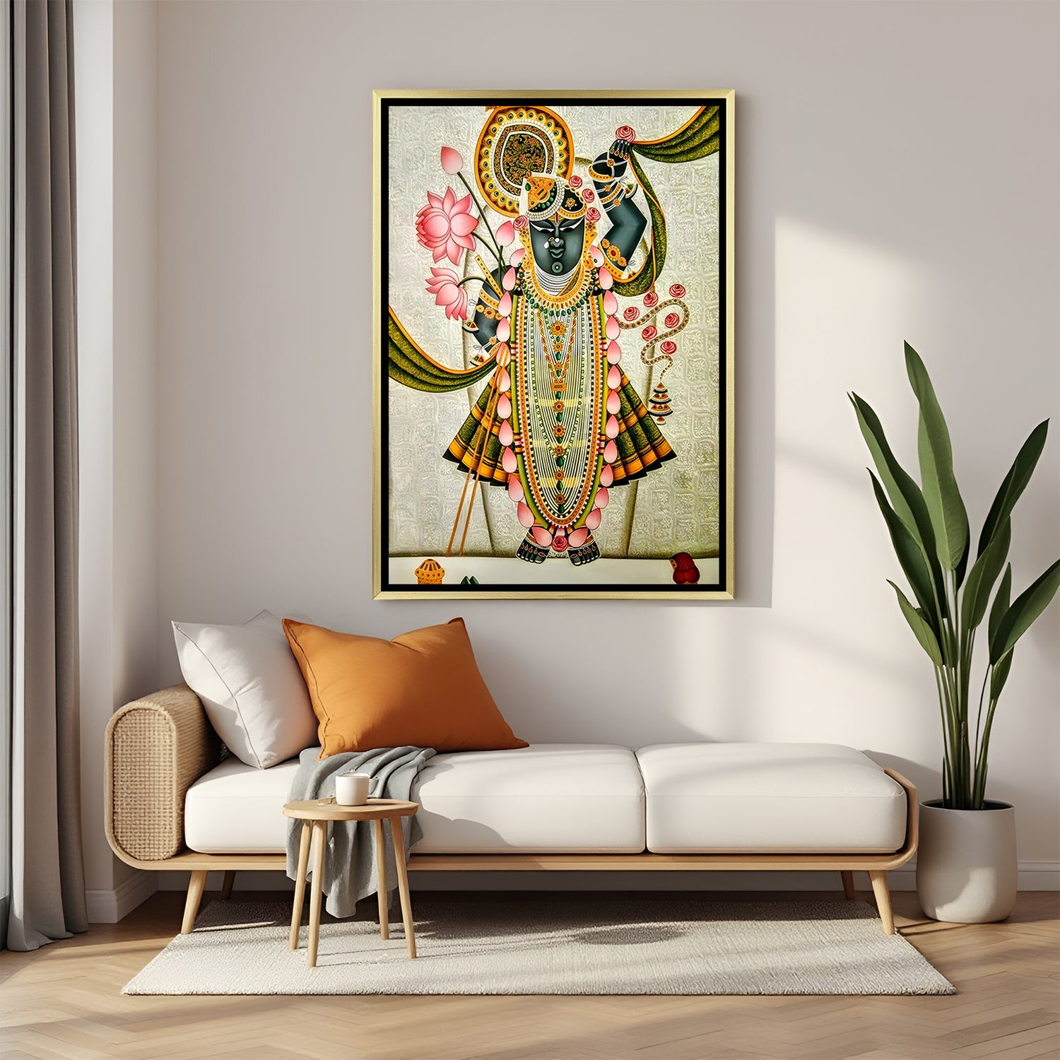 Shrinath Ji green Pichwai golden floater frame canvas wall art premium spiritual painting for home decor