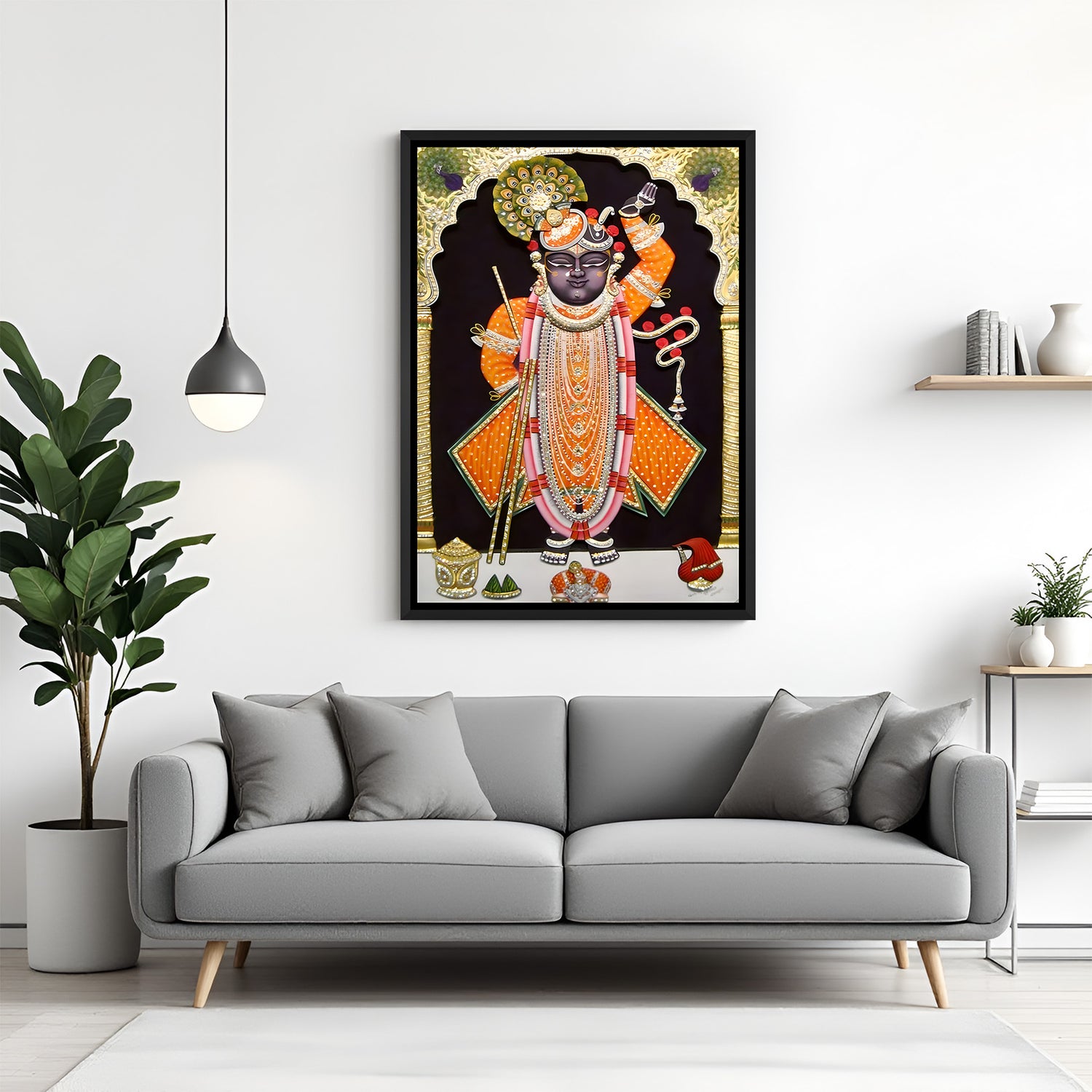 Shrinath Ji orange Pichwai painting black floater frame wall art for living room decor