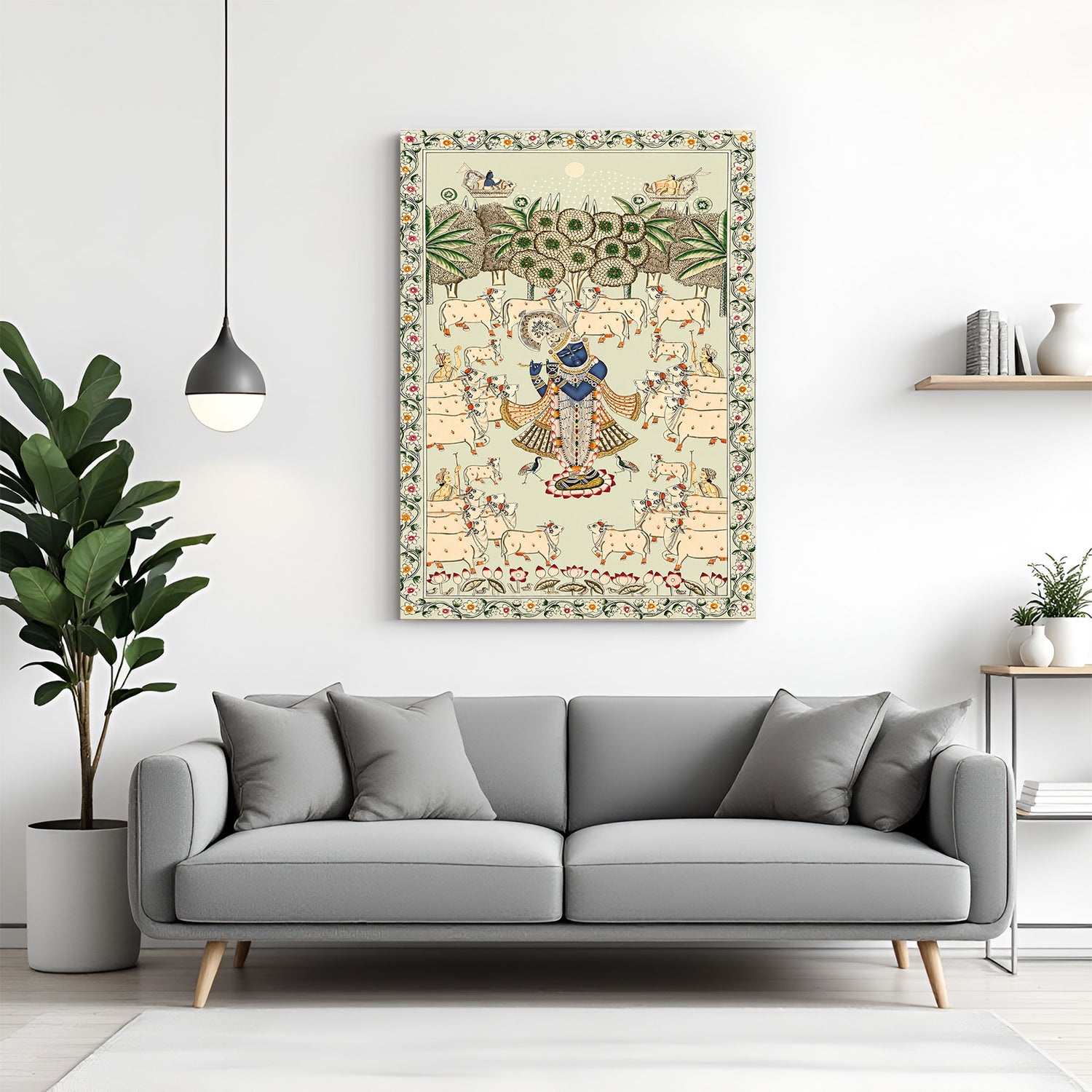 Shrinath Ji Pichwai canvas wrapped wall art with cows and traditional temple design for home decor