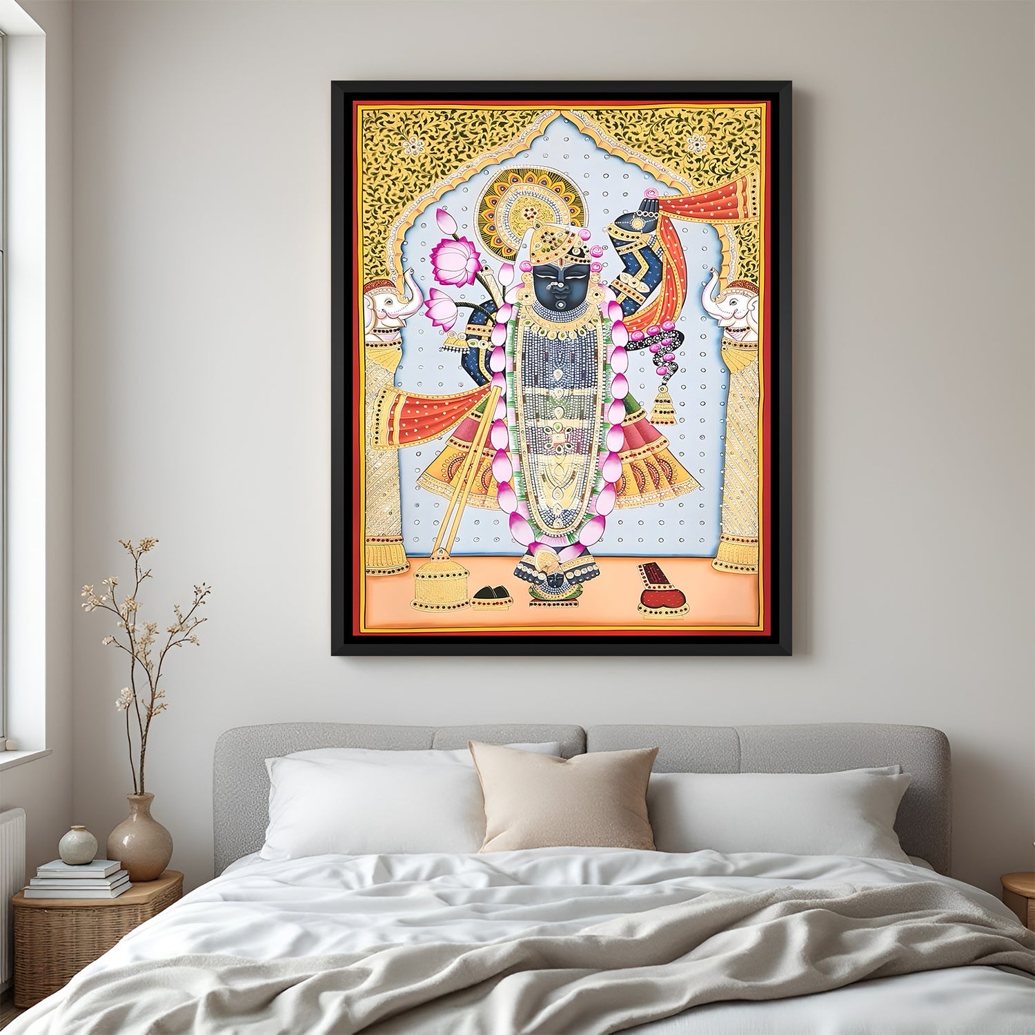 Shrinath Ji royal Pichwai painting black floater frame wall art for living room decor
