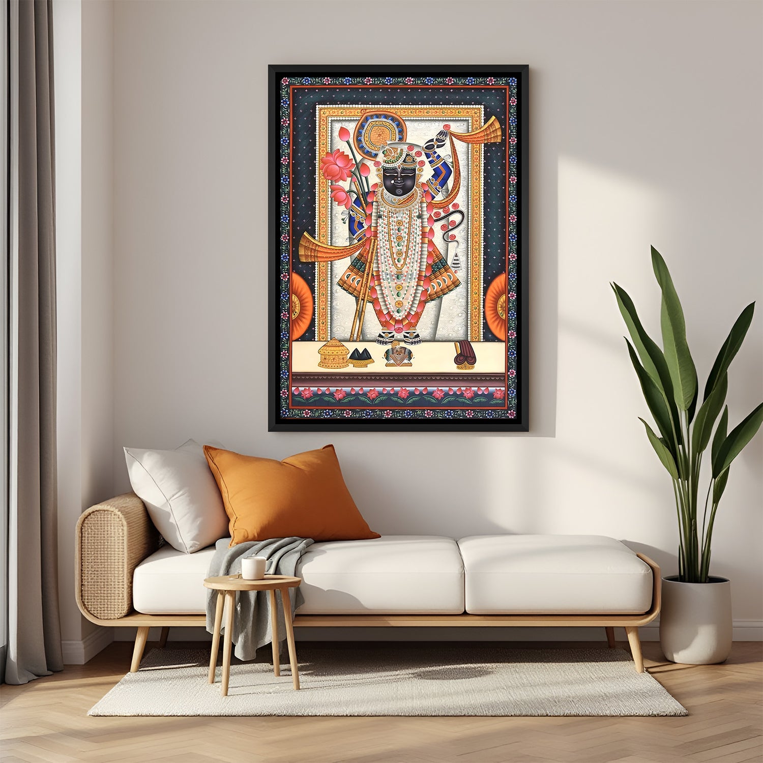Shrinath Ji traditional Pichwai painting black floater frame wall art for living room decor