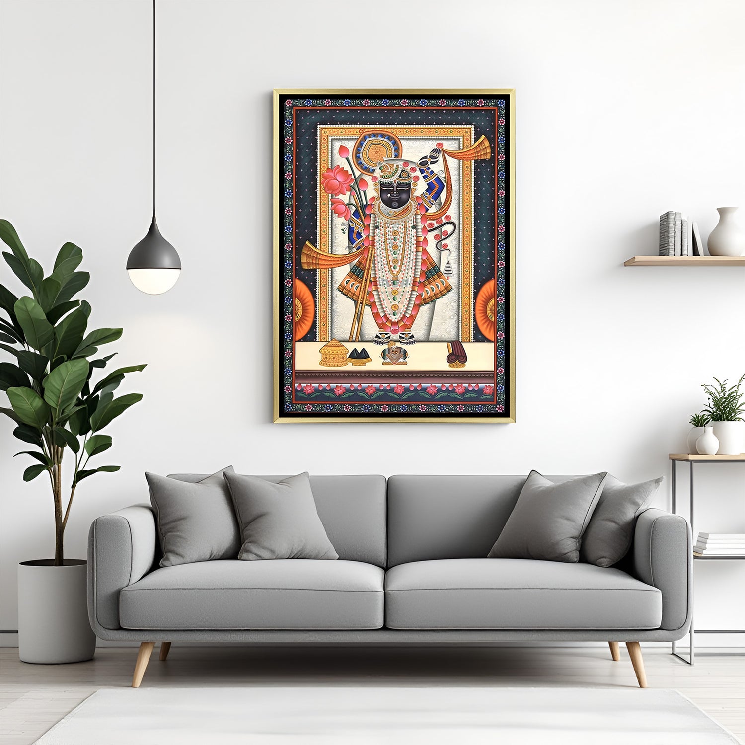 Shrinath Ji traditional Pichwai golden floater frame canvas wall art premium spiritual painting for home decor