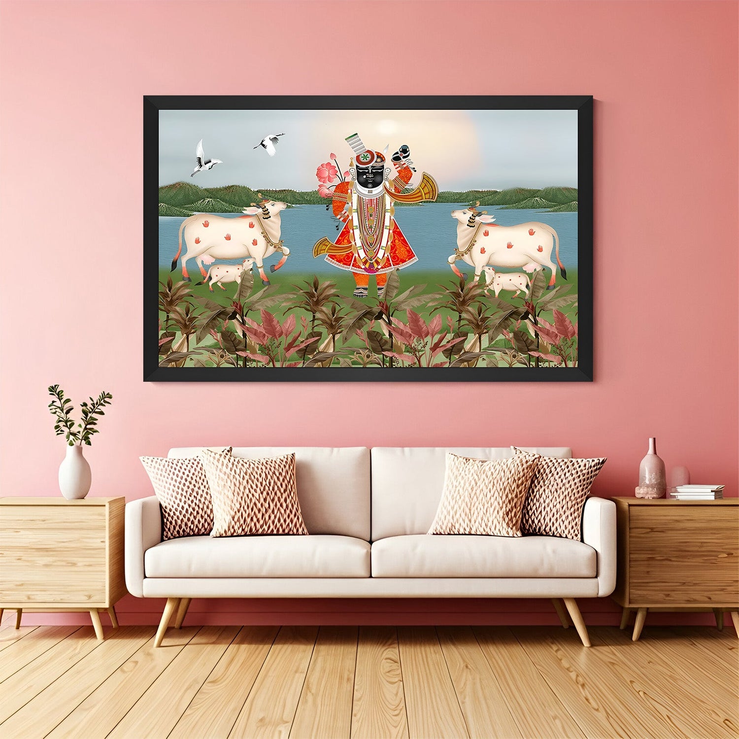 Black floater frame Shrinathji Pichwai wall art with cows for sacred ethnic ambiance