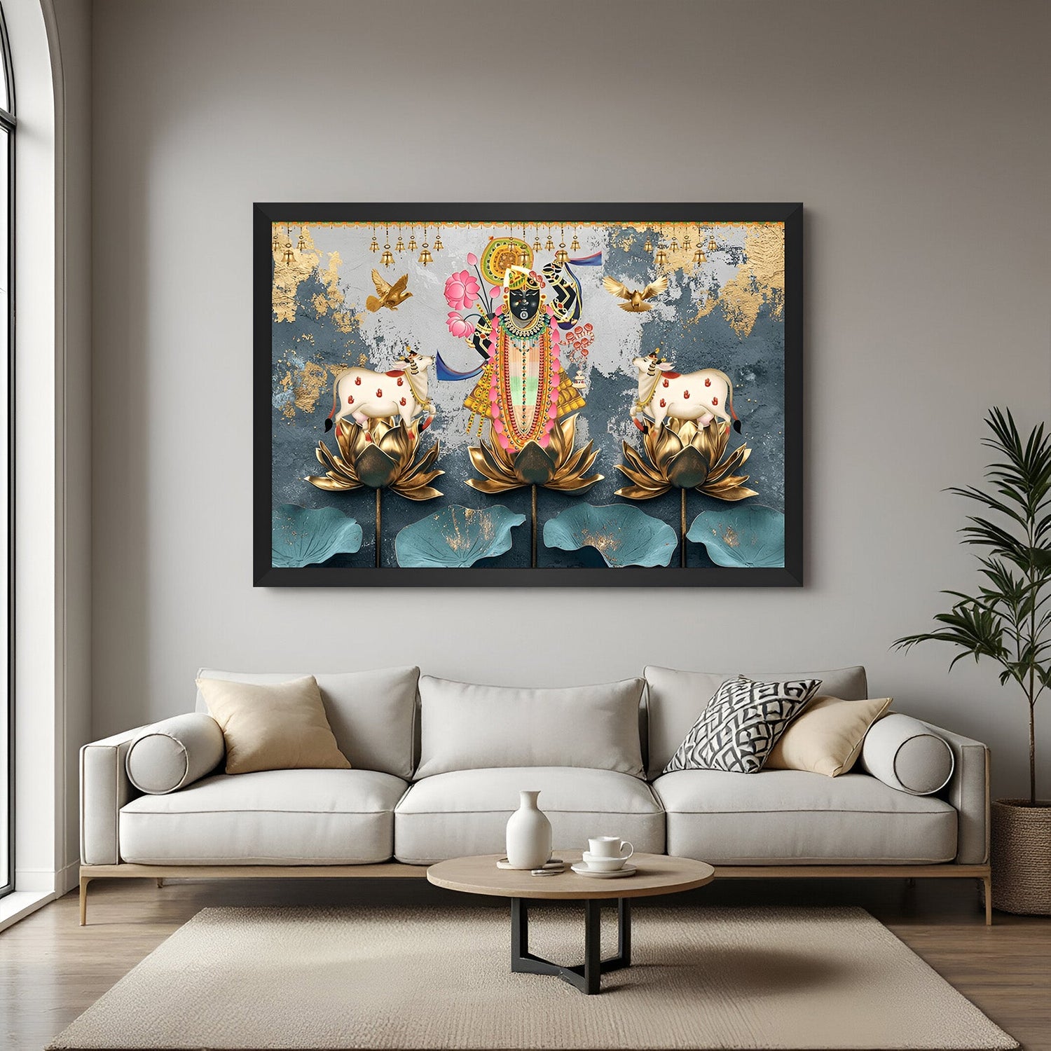 Shrinath Ji canvas print in black floater frame featuring sacred cows and Pichwai art for divine Vastu-inspired wall decor