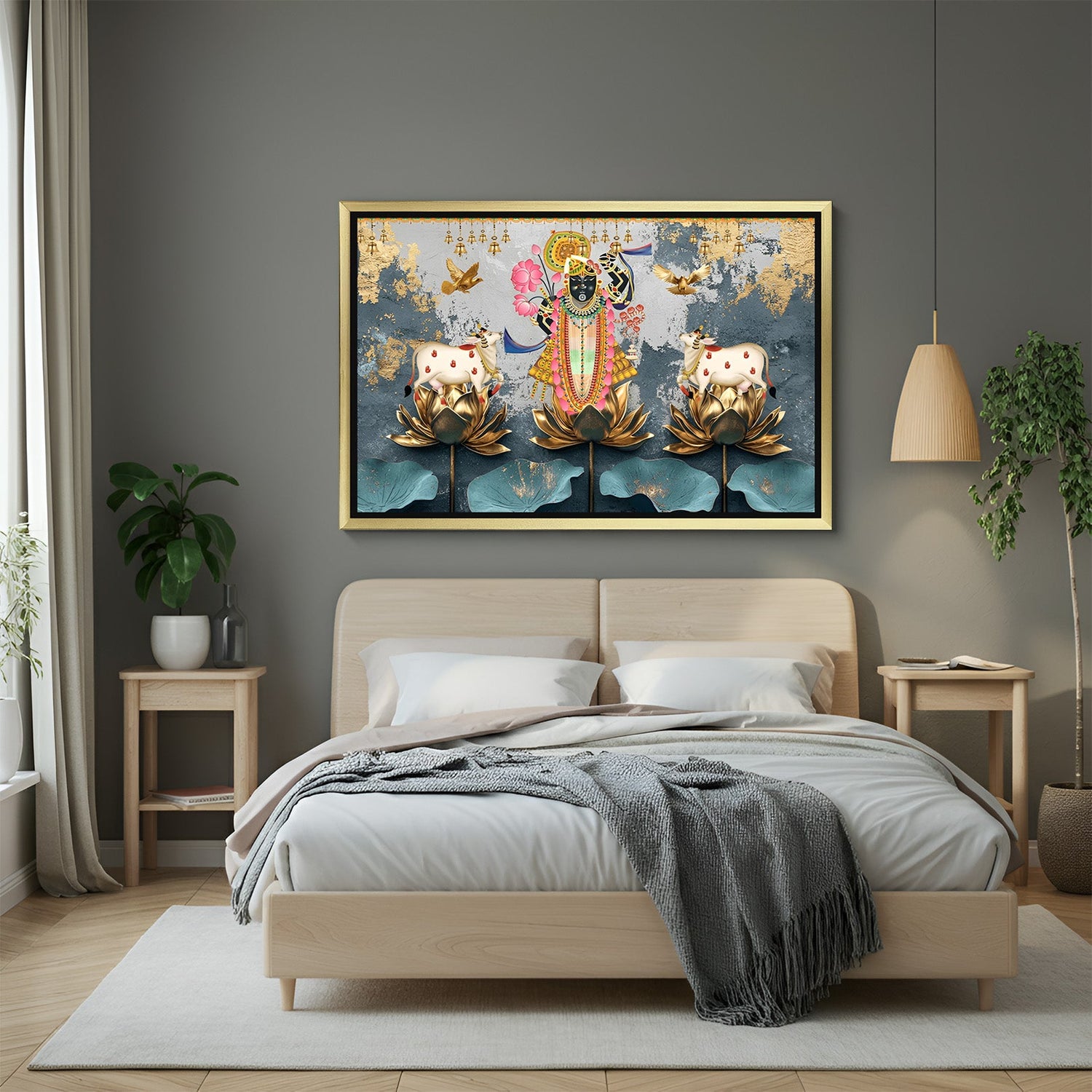 Pichwai painting of Shrinath Ji with two cows in gold floater frame for traditional Indian home and temple decor