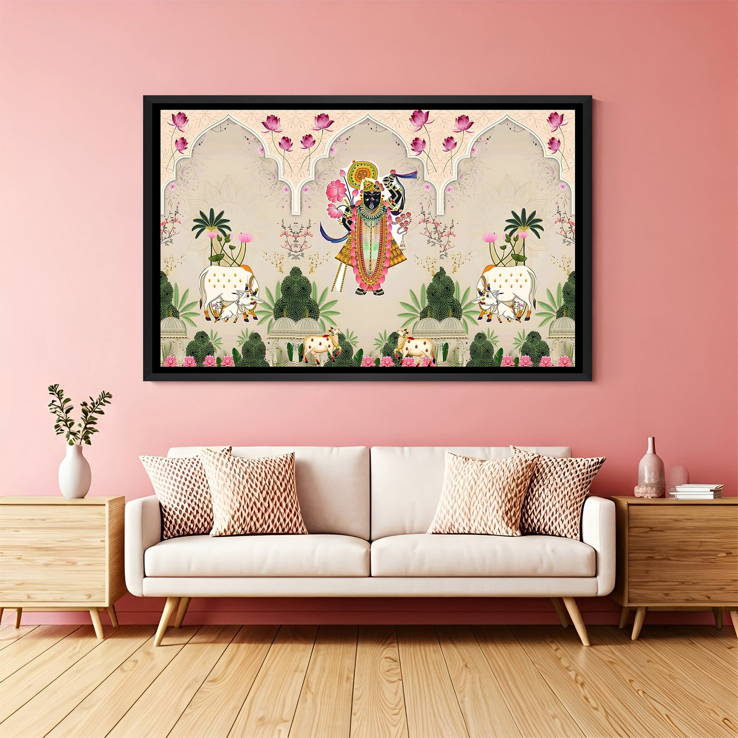 Shrinathji Pichwai painting black floater frame wall art for living room decor