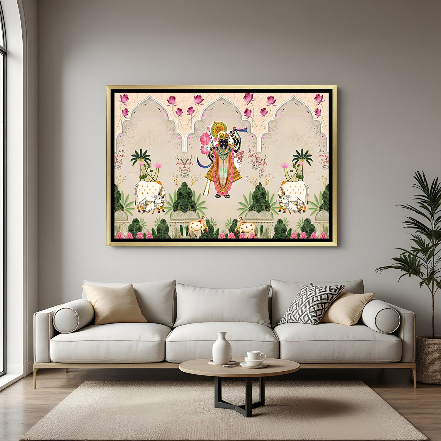 Shrinathji Pichwai golden floater frame canvas wall art premium spiritual painting for home decor