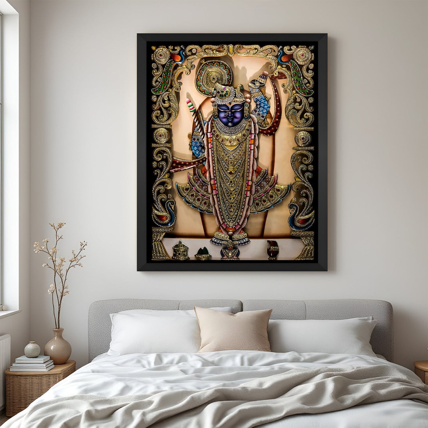 Shrinath Ji canvas print in black floater frame designed for Vastu-compliant spiritual wall decor in modern Indian homes