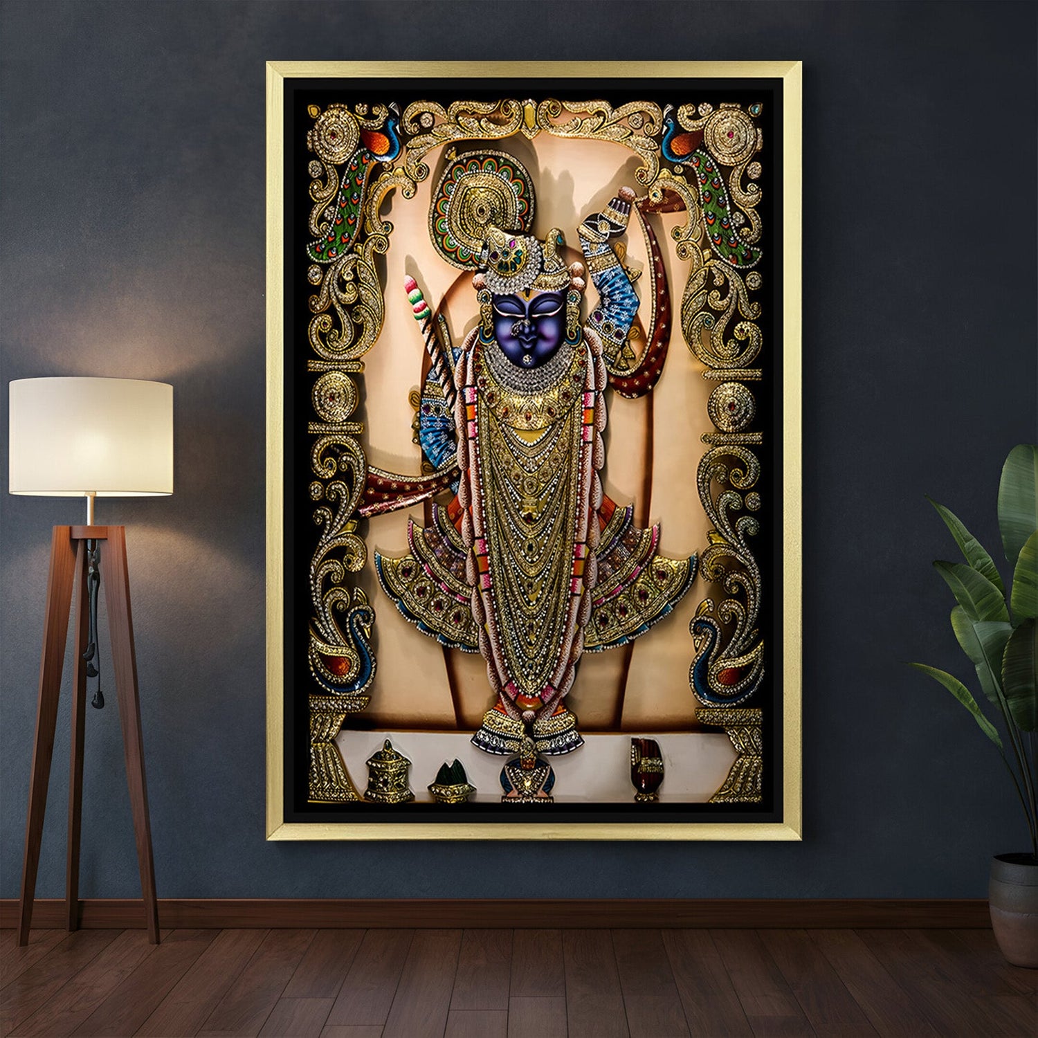 Gold framed Shrinath Ji Vastu wall painting on canvas, perfect for home or pooja room with traditional Indian aesthetic
