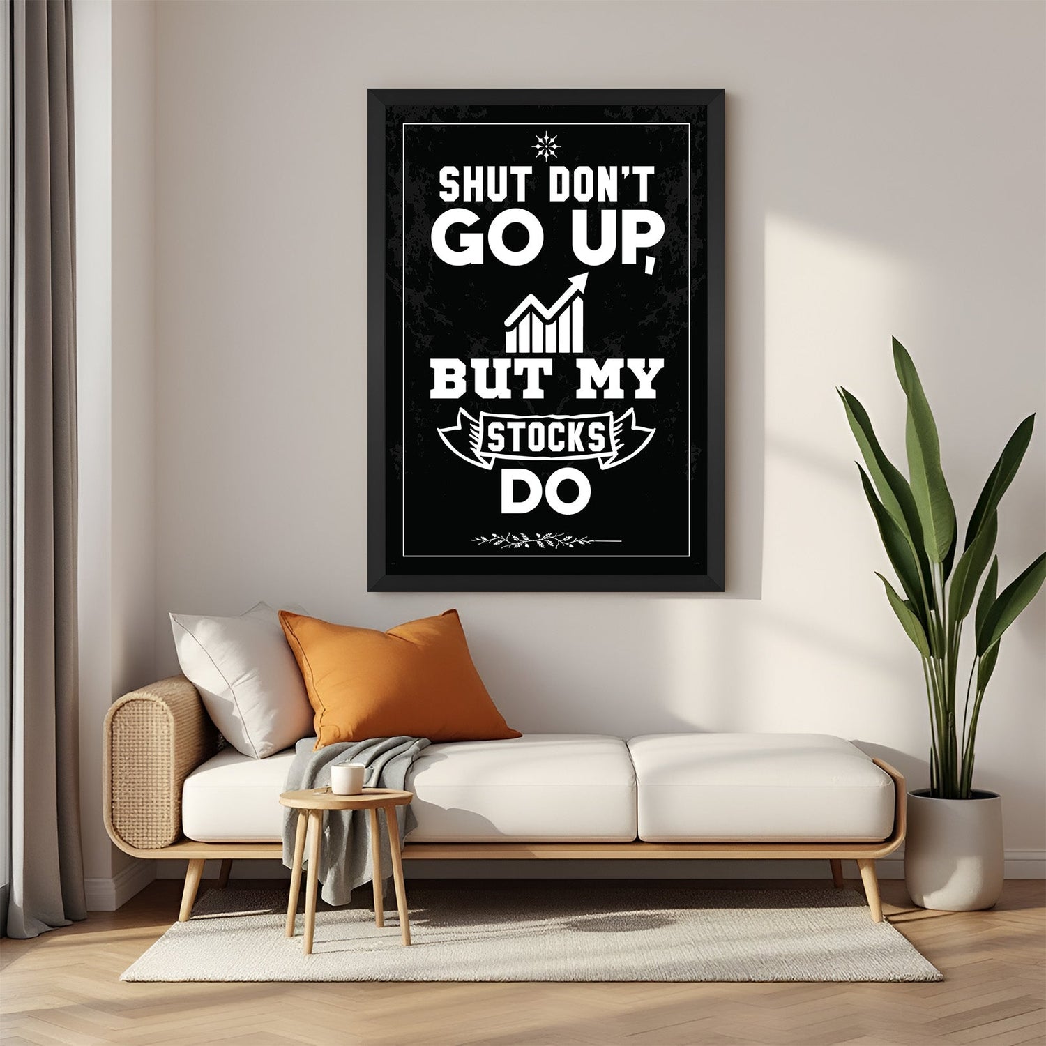 Black frame canvas wall art with funny quote for traders and investors