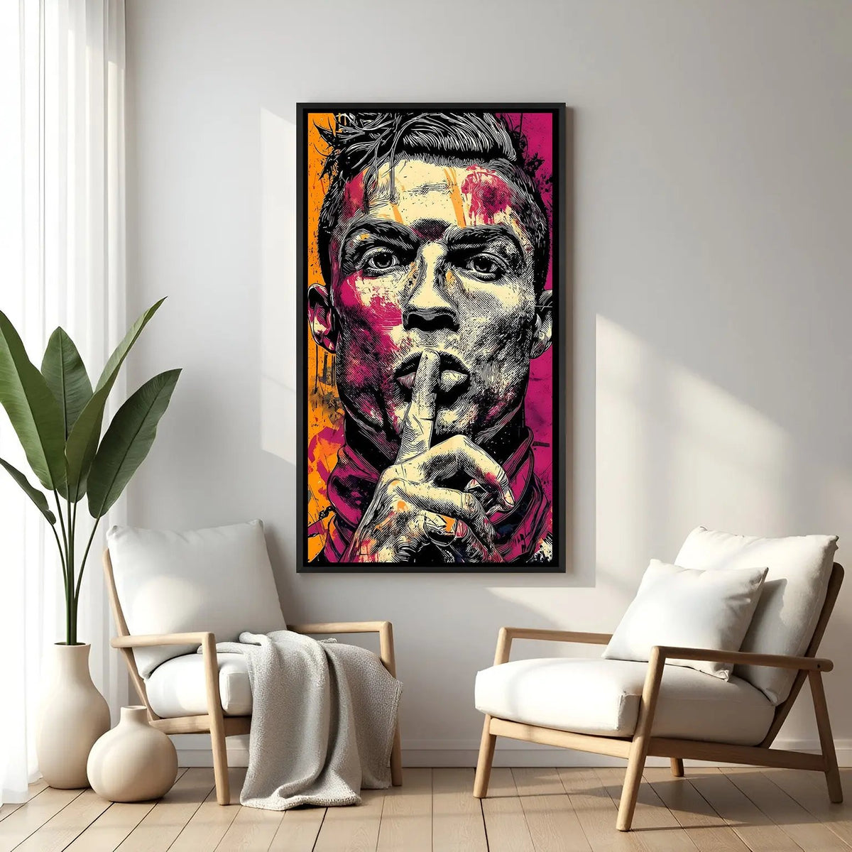 Modern football portrait artwork in elegant black floater frame with vibrant pop-art styling
