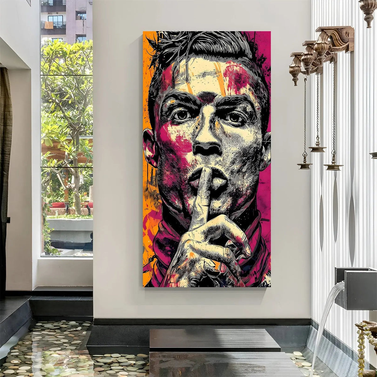Silence of Champions football canvas wall art featuring a modern colorful football portrait in premium canvas wrapped frame