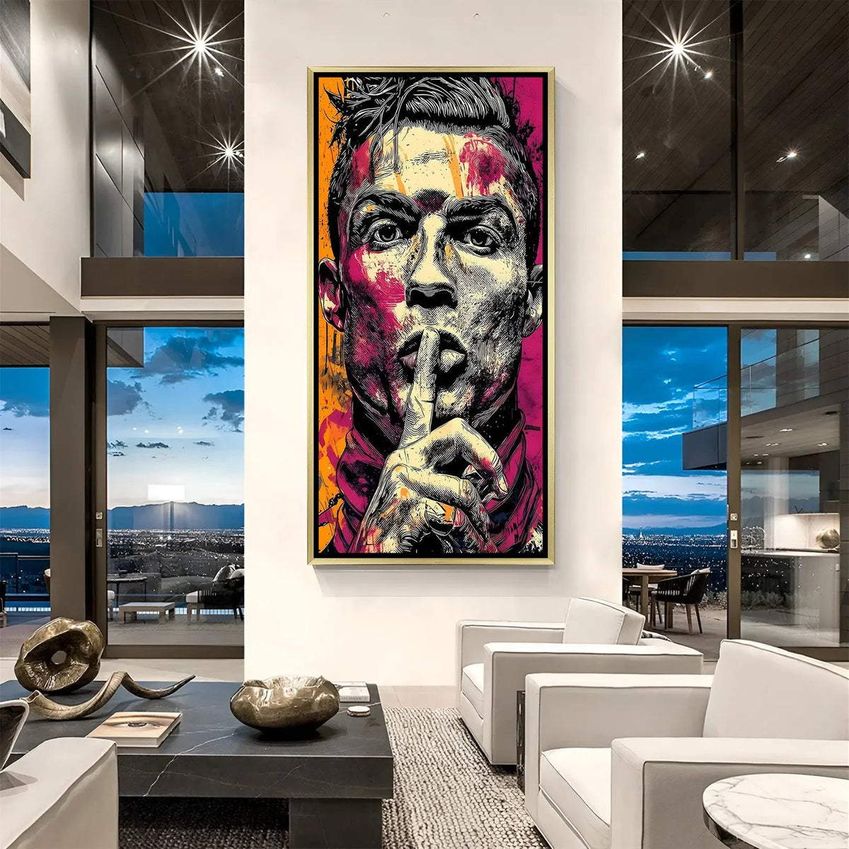 Silence of Champions football canvas wall art in luxury golden floater frame featuring bold contemporary sports artwork