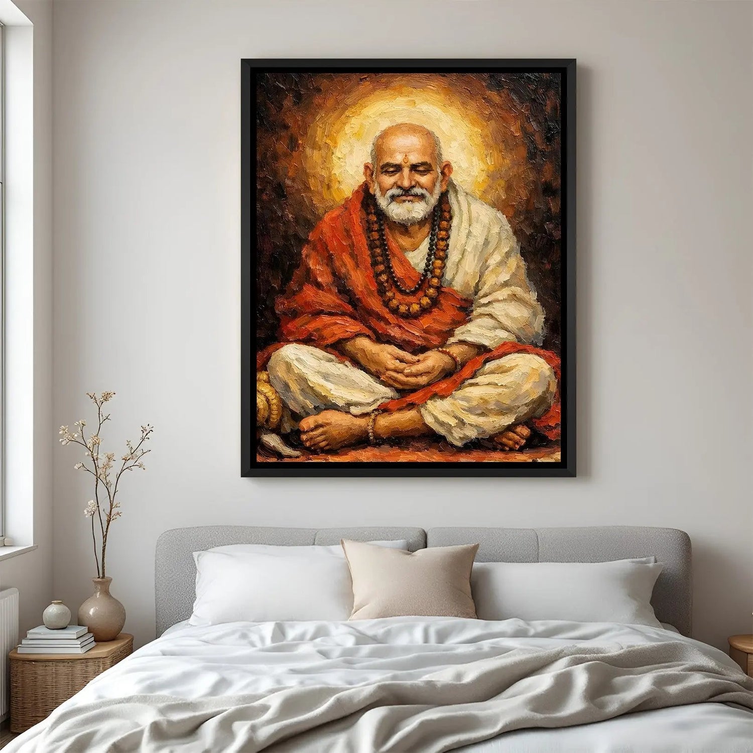 Meditating Neem Karoli Baba spiritual artwork in elegant black floater frame