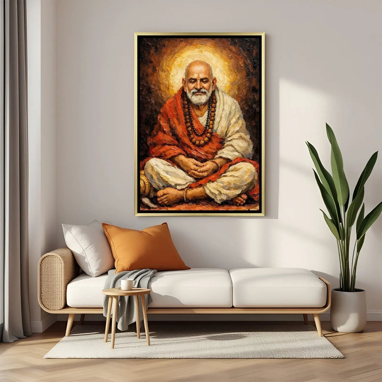 Silence of Kainchi Dham Neem Karoli Baba artwork in luxury golden floater frame featuring serene meditation pose