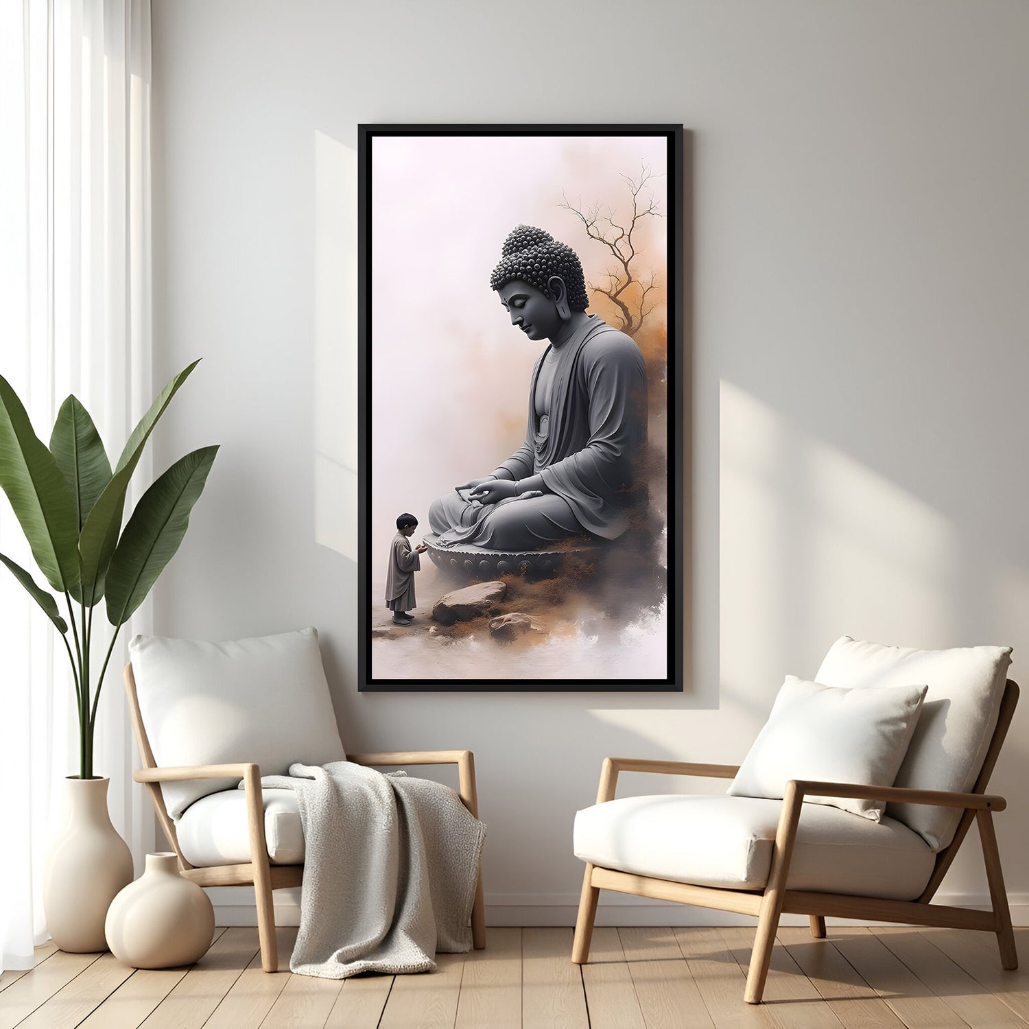 Minimalist Buddha and child wall art in black floater frame with soft beige background.