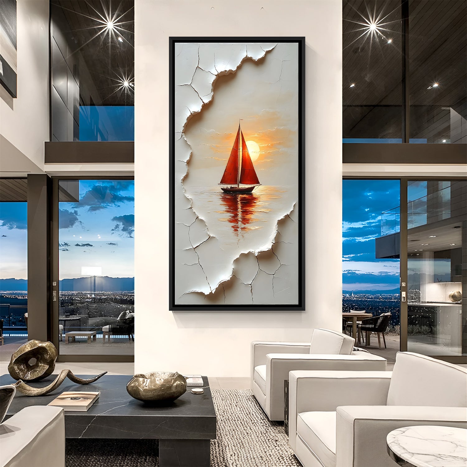 Modern boat on river wall art in elegant black floater frame with abstract reflective landscape design