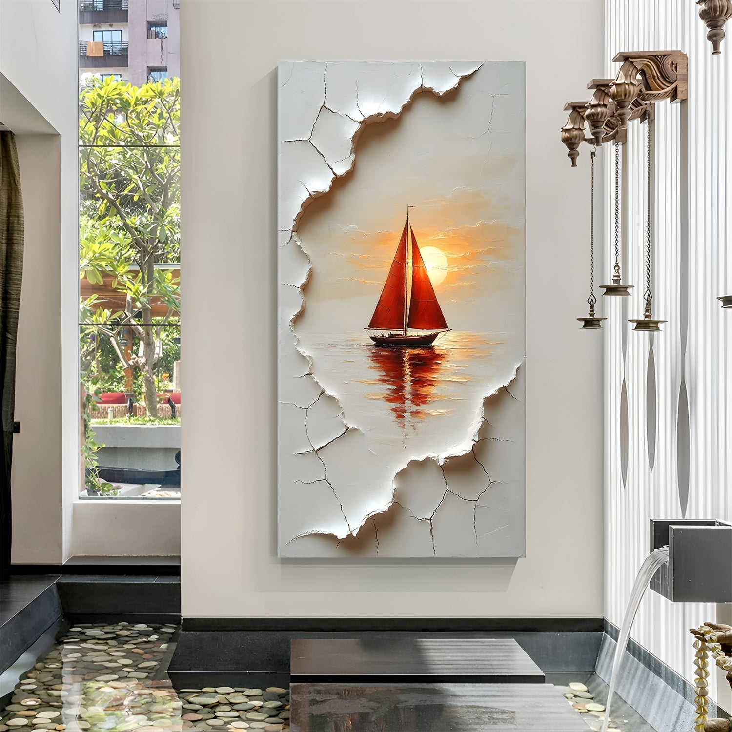 Silent river boat modern art canvas wall painting with reflective water scenery in premium canvas wrapped frame