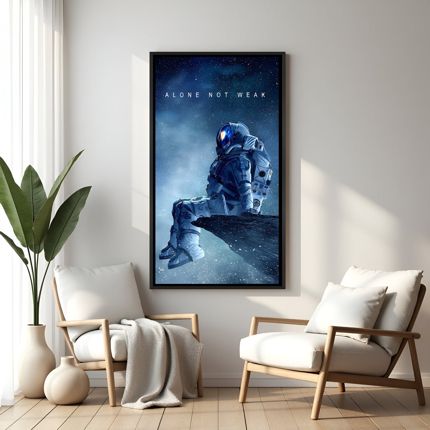 Alone Not Weak space motivational wall art in elegant black floater frame featuring celestial inspiration