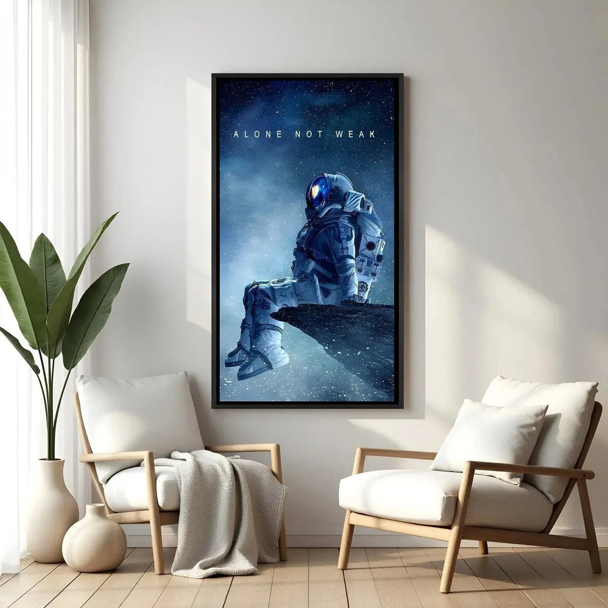 Alone Not Weak space motivational wall art in elegant black floater frame featuring celestial inspiration