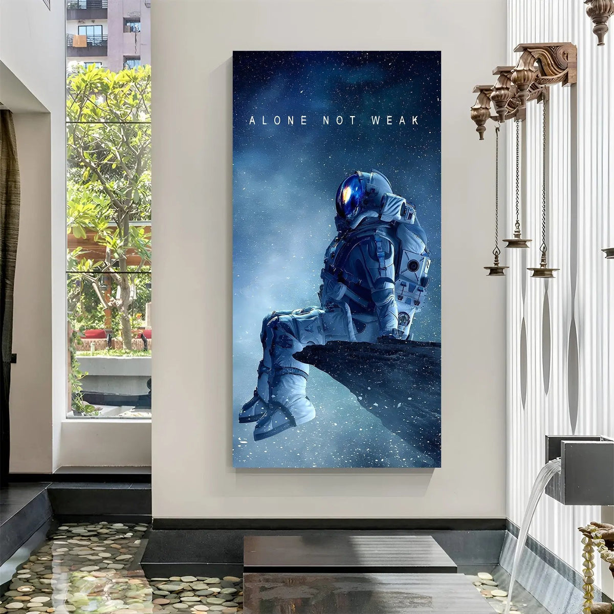Silent Strength Alone Not Weak space motivation canvas wall art in premium wrapped frame with inspiring cosmic scenery