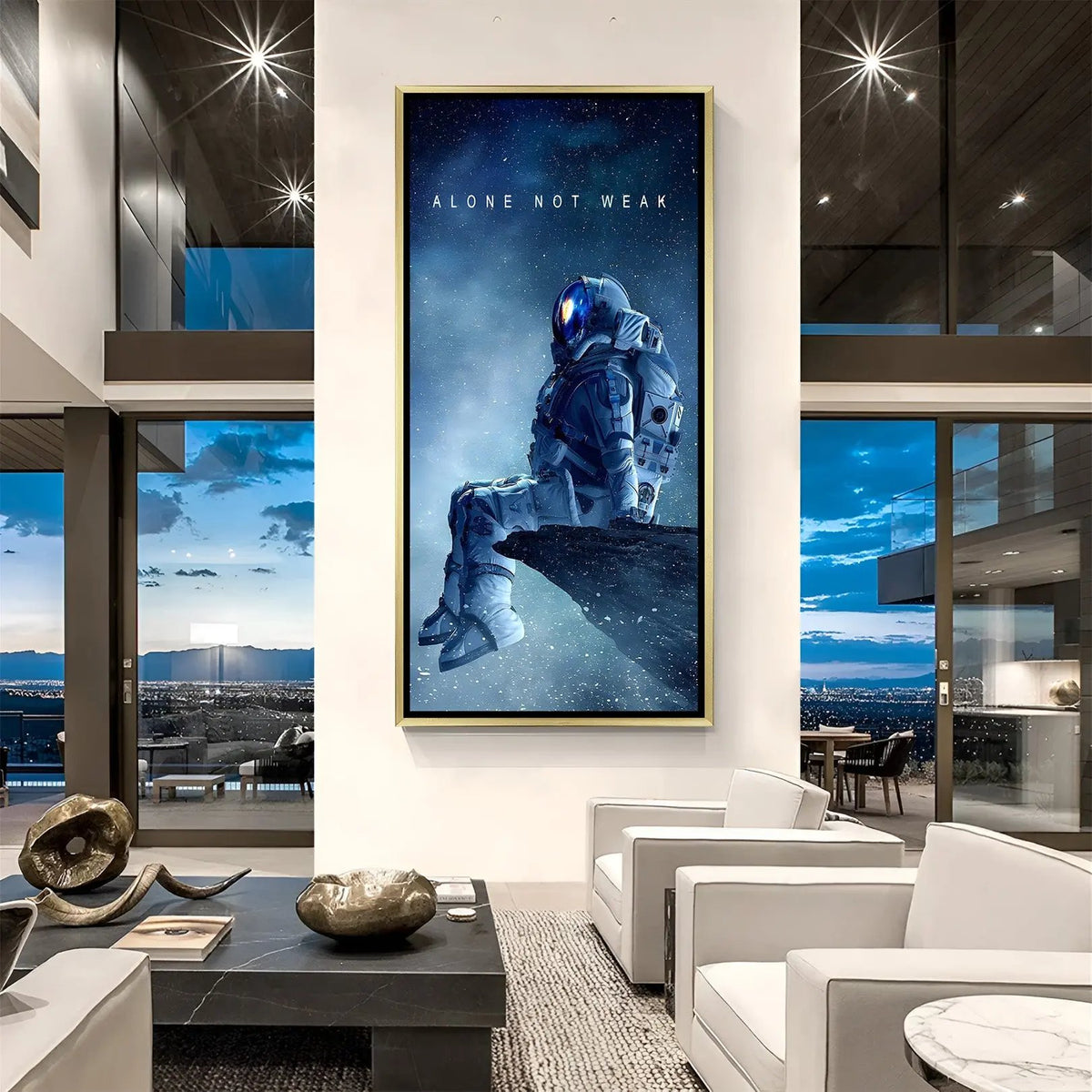 Luxury Alone Not Weak space canvas artwork in golden floater frame with deep galaxy motivational theme