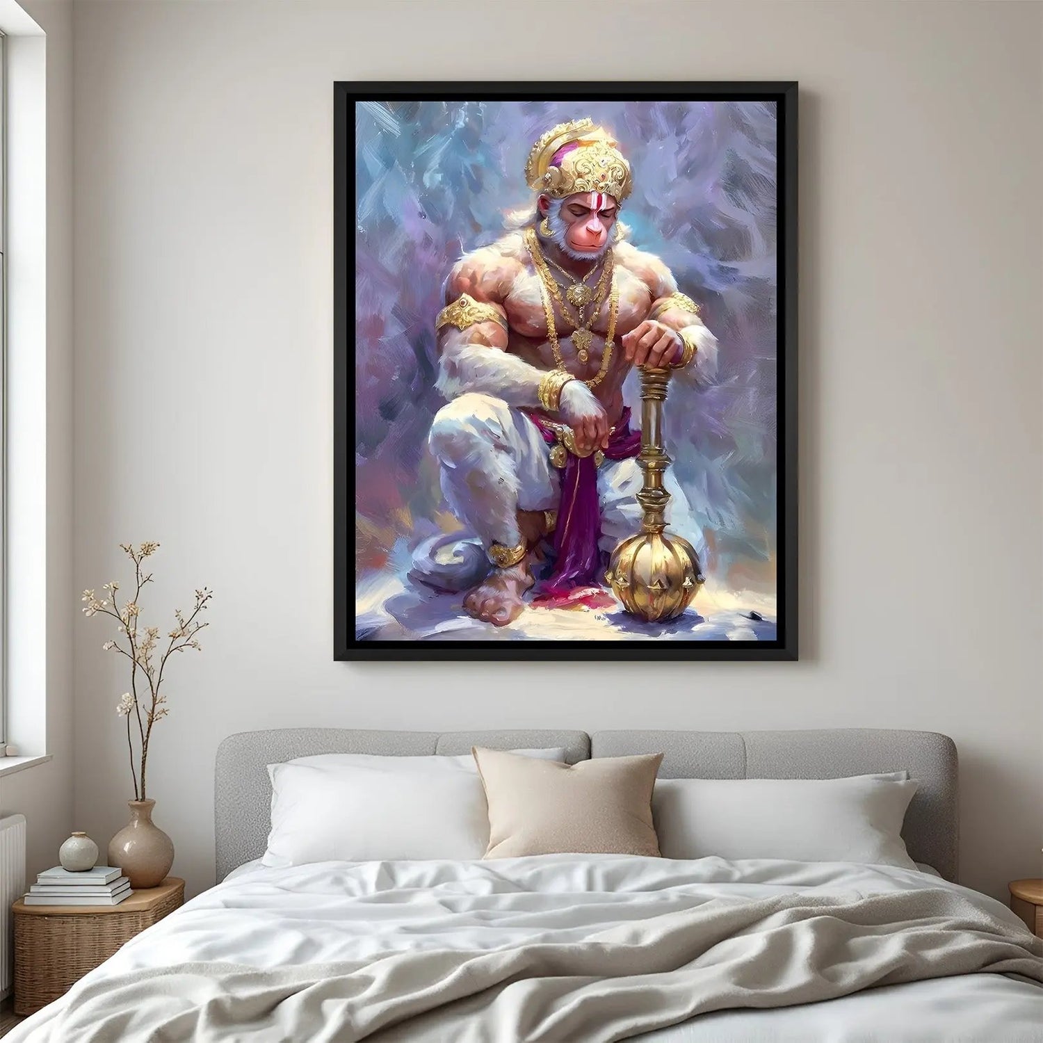 Meditative Hanuman artwork with closed eyes and sacred weapon in elegant black floater frame