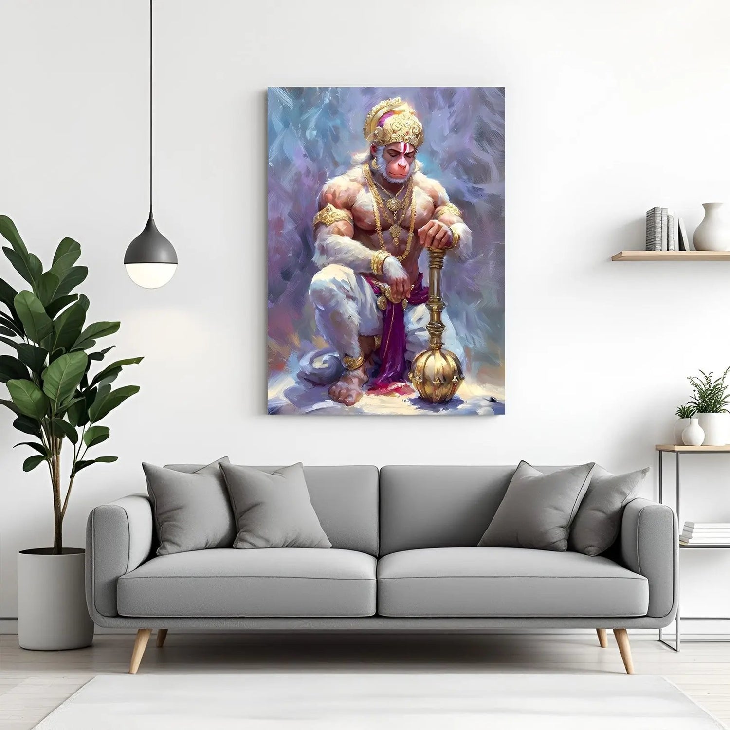 Lord Hanuman seated with closed eyes and sacred gada in premium canvas wrapped frame