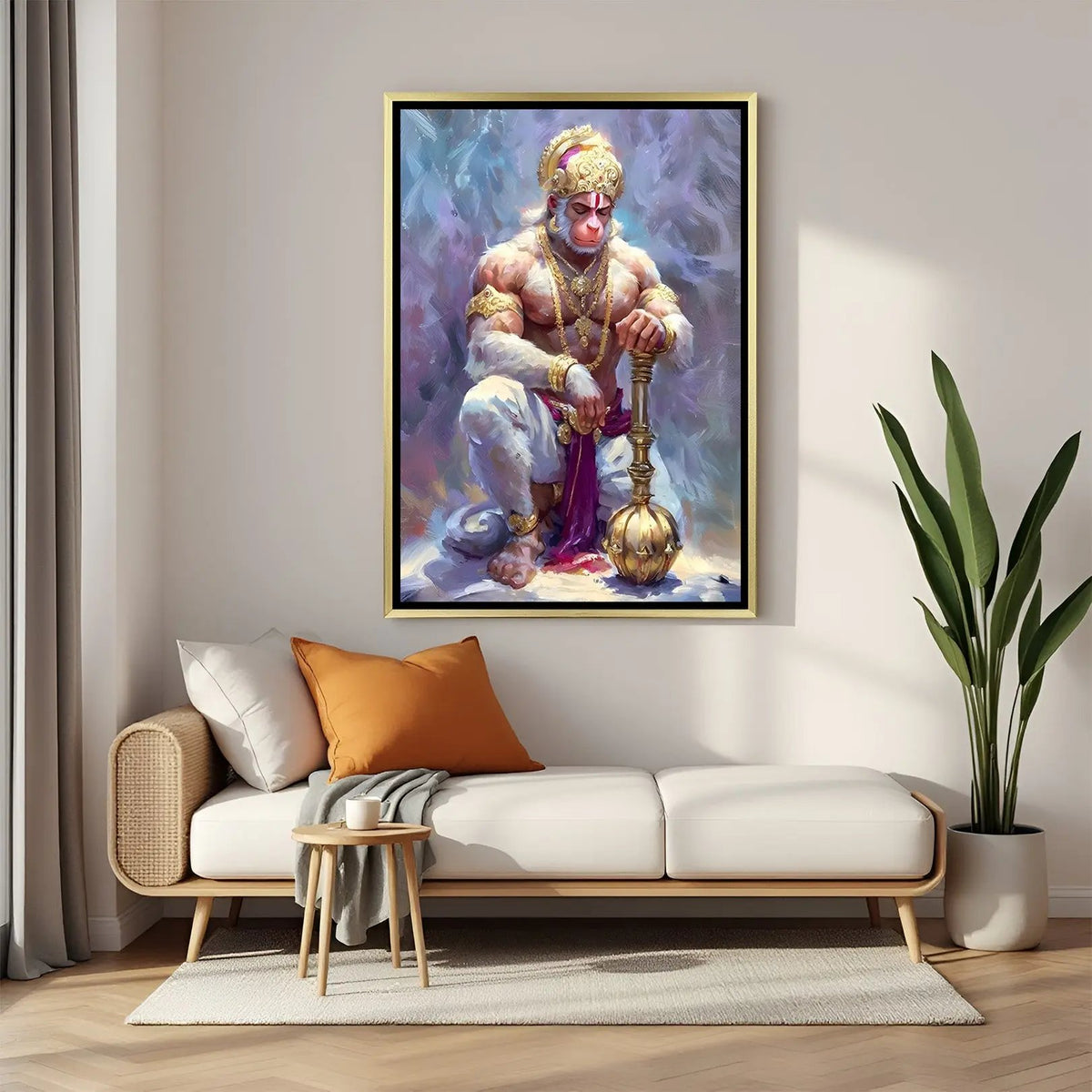 Silent Valor Hanuman artwork in luxury golden floater frame featuring peaceful seated posture