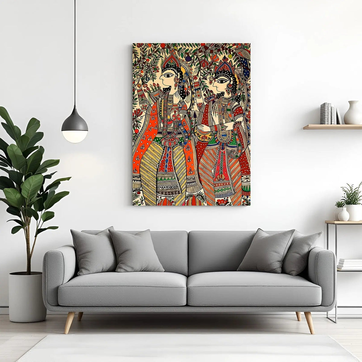 Sita Ram Madhubani art canvas wall painting in premium wrapped frame with traditional folk detailing