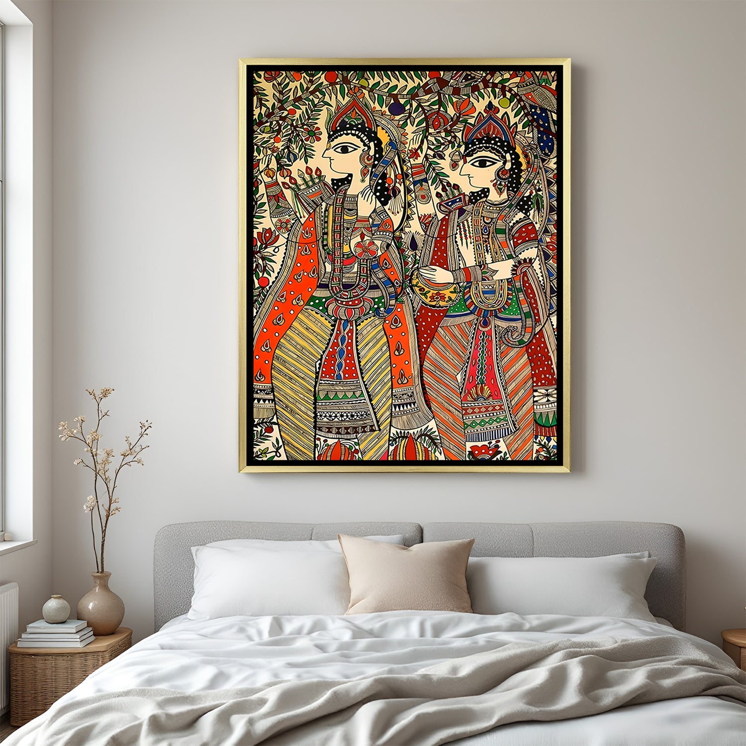 Luxury Sita Ram Madhubani painting canvas in golden floater frame with rich traditional design