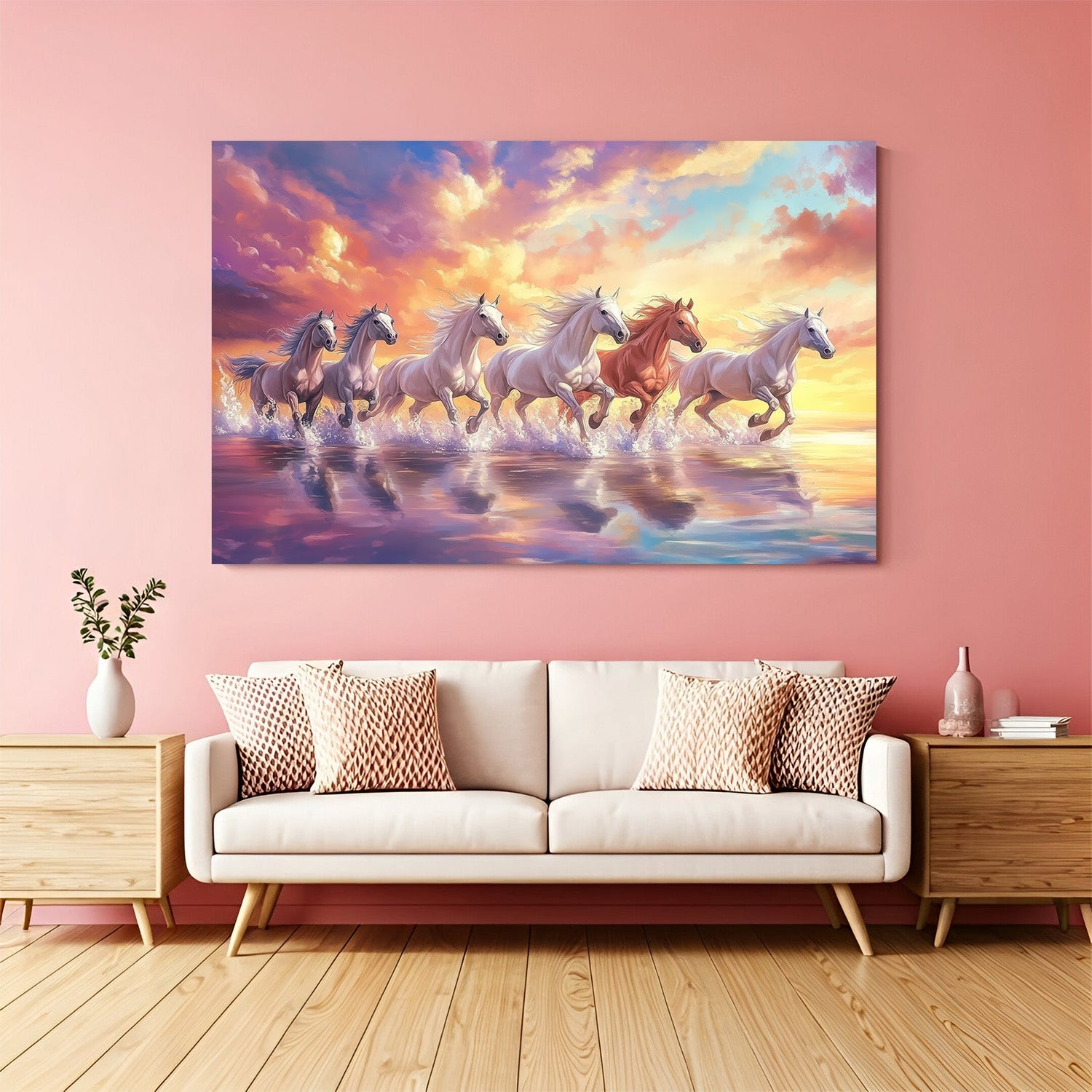 Six running horses vastu canvas painting symbolizing energy, speed, strength, and stability for home and office wall decor